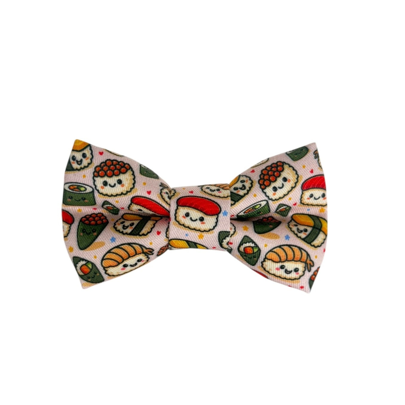 Light pink bow tie with sushi design on a white background. Adjustable with velcro. Custom dog bow tie by Duke & Fox.