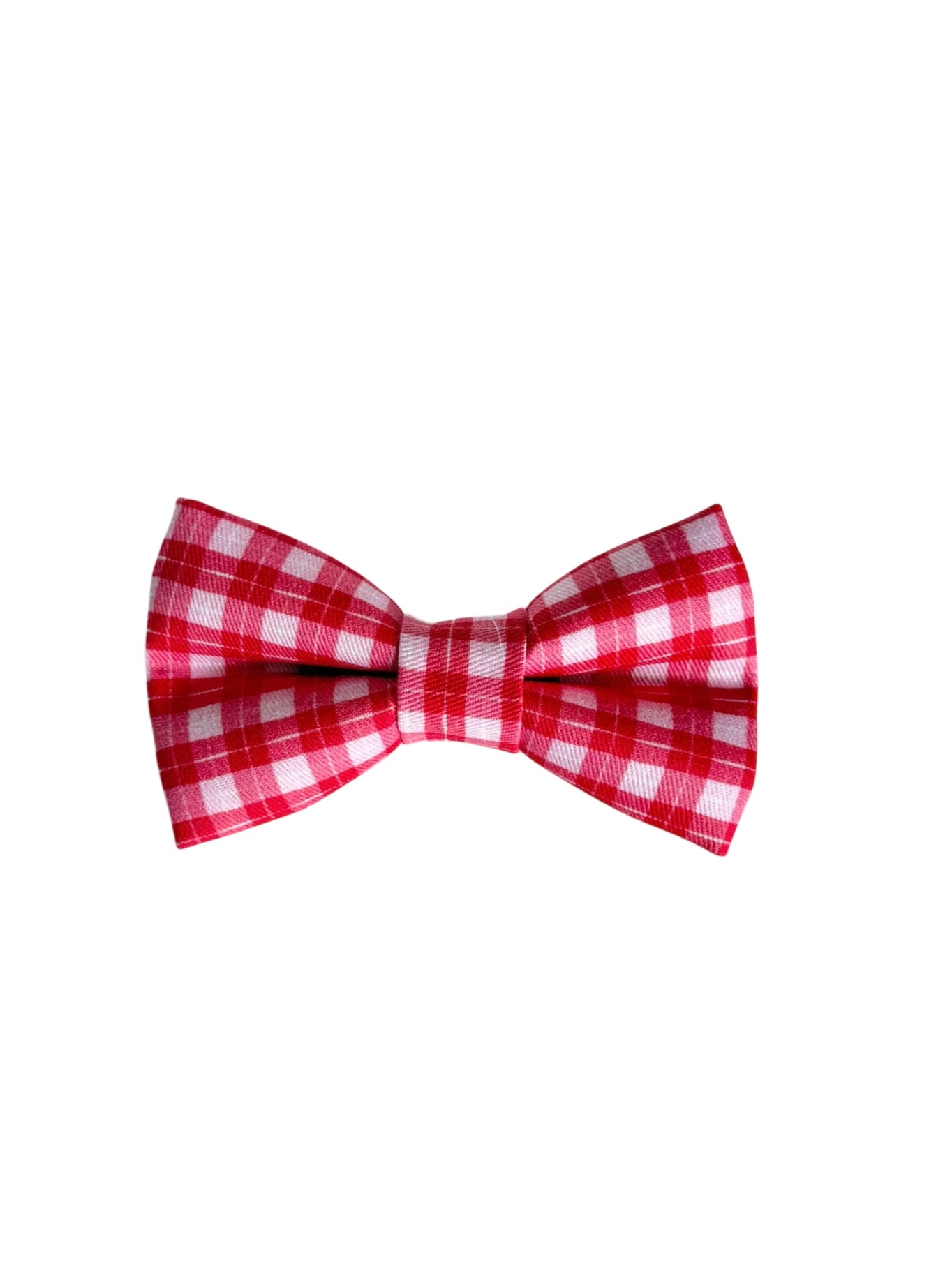 Red and white checkered bow tie on a white background. Adjustable with velcro. Custom dog bow tie by Duke & Fox.