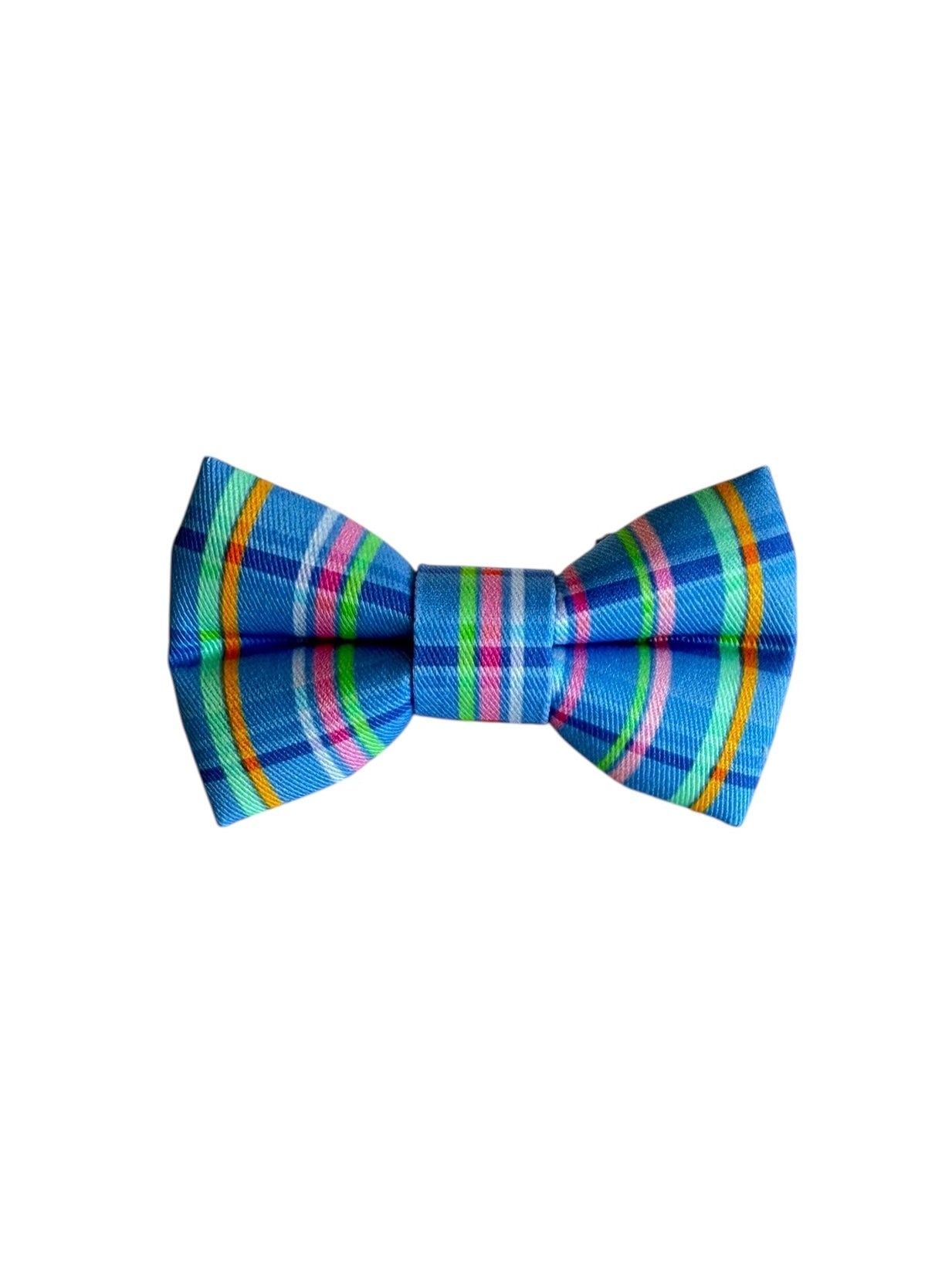 Pink, white, orange, blue, and green striped bow tie on a white background. Adjustable with velcro. Custom dog bow tie by Duke & Fox.