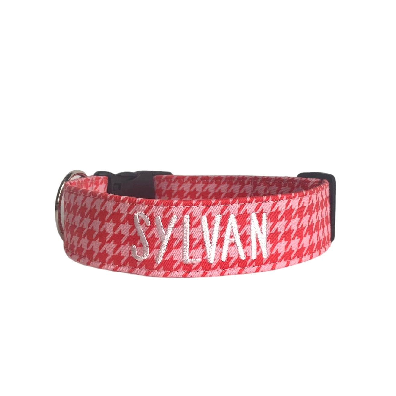 Personalized Valentine's Day Dog Collar by Duke & Fox. Pink and red houndstooth dog collar for Valentine's Day.