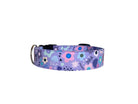 This charming dog collar features a whimsical purple background adorned with a delightful array of pastel floral and abstract patterns. The soft, dreamy colors make it a perfect accessory for stylish pups who love to stand out. 
For a personal touch, the collar can be customized with embroidered text, such as your dog's name, and the buckle can be engraved with important details, combining style and functionality. It's a unique and practical choice for your furry companion!