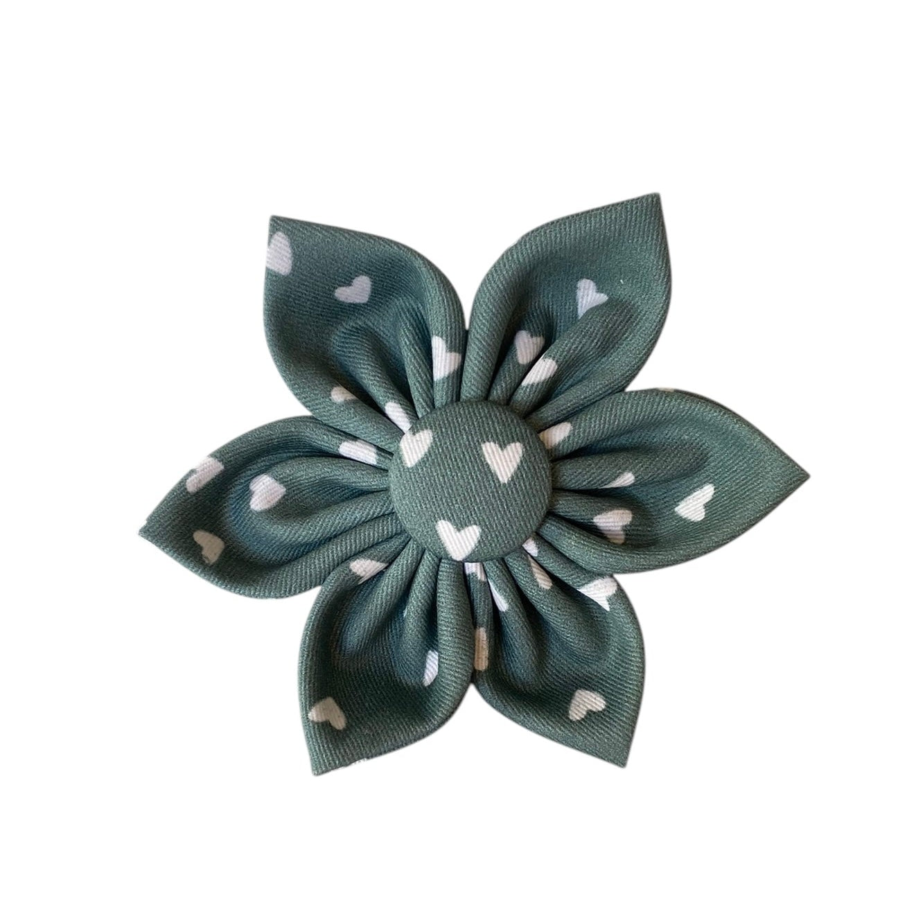 Sage green dog collar flower with small white hearts