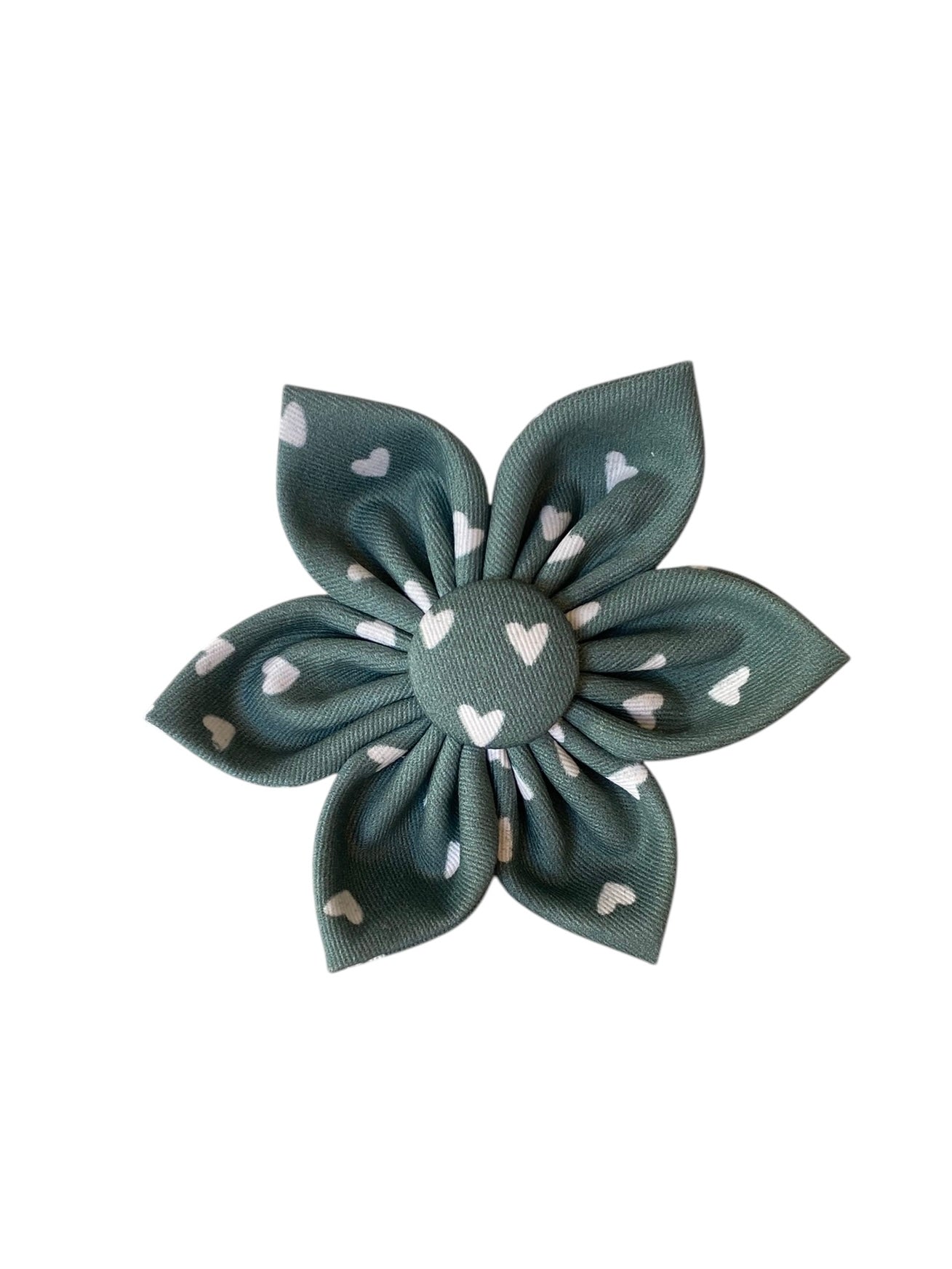 Sage green dog collar flower with small white hearts