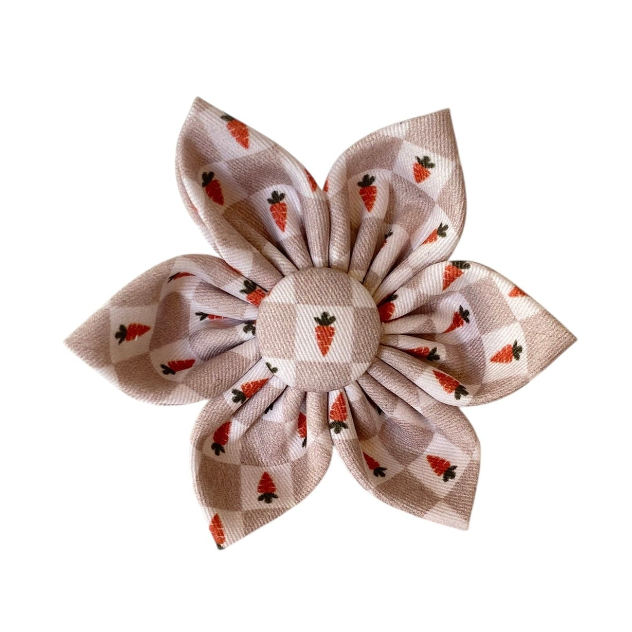 This adorable dog collar flower is perfect for Easter or springtime celebrations! Featuring a beige and white checkered pattern adorned with tiny carrots, it adds a sweet and festive touch to your pup's collar. It attaches securely with a Velcro strap and can be easily added to any collar. Fun and stylish, it’s a delightful accessory to celebrate the season!