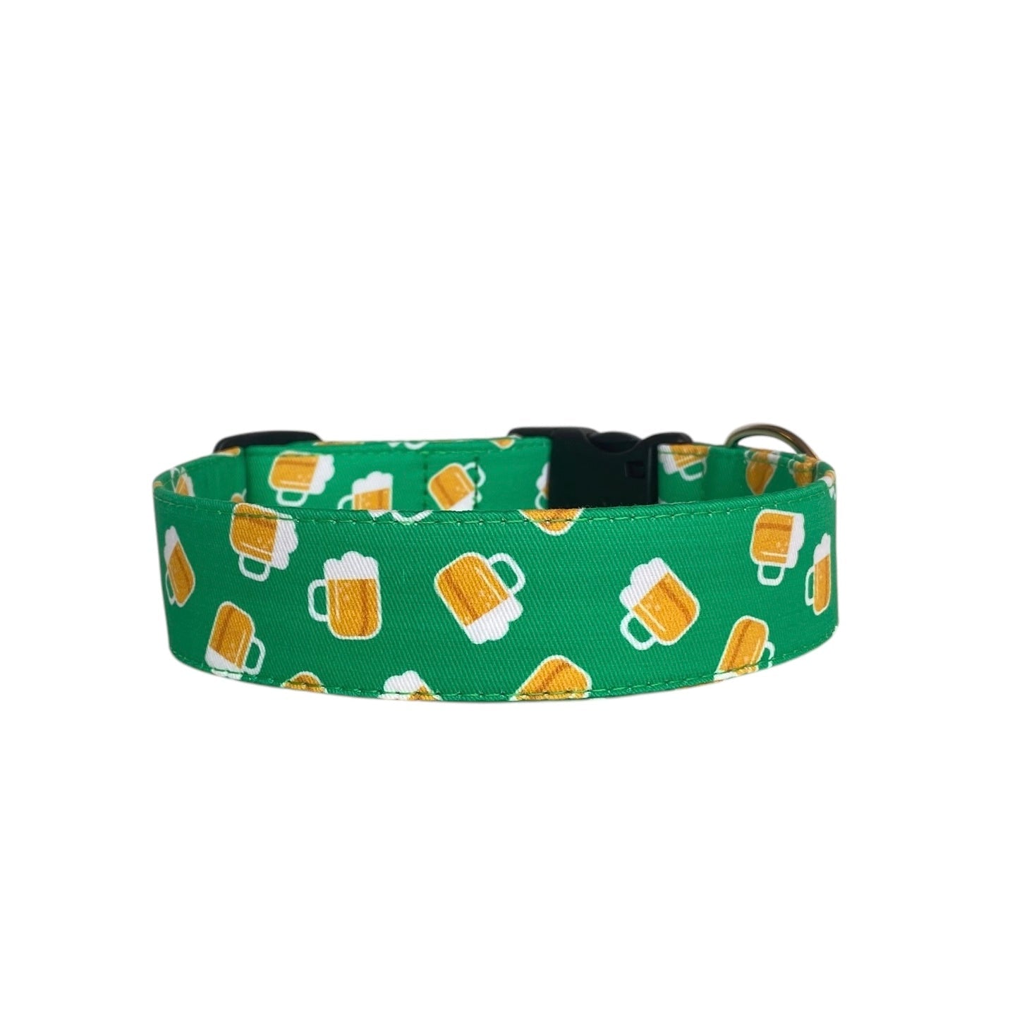 Celebrate St. Patrick's Day in style with this festive dog collar featuring a playful beer mug pattern on a vibrant green background. Perfect for the holiday, this collar can be personalized with your pet’s name, either embroidered in bold lettering or with an engraved buckle for a sleek and durable touch. Made with premium materials and sturdy hardware, it’s both fun and functional—ideal for showing off your pup’s holiday spirit while keeping them secure!