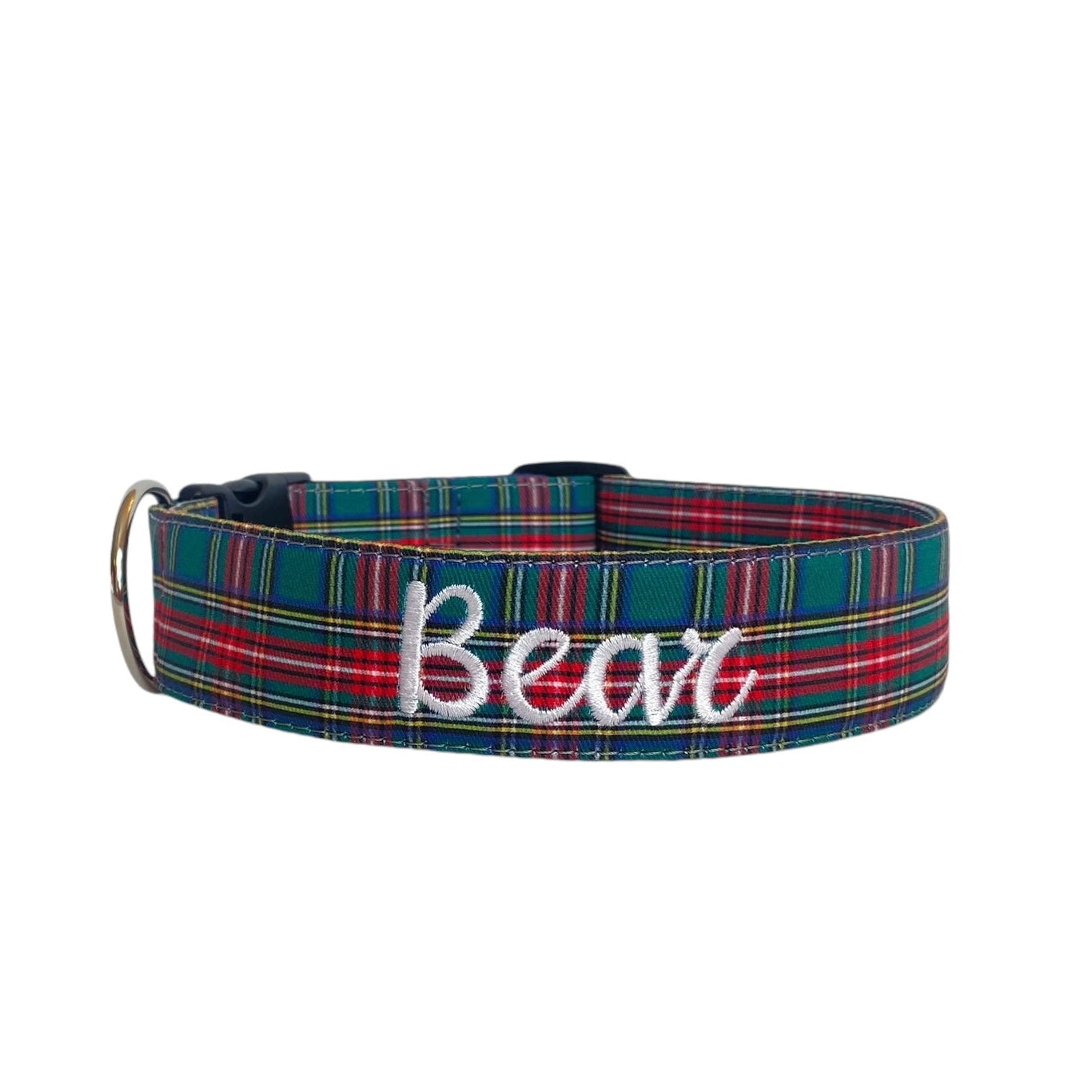 Green and red holiday inspired Tartan print dog collar