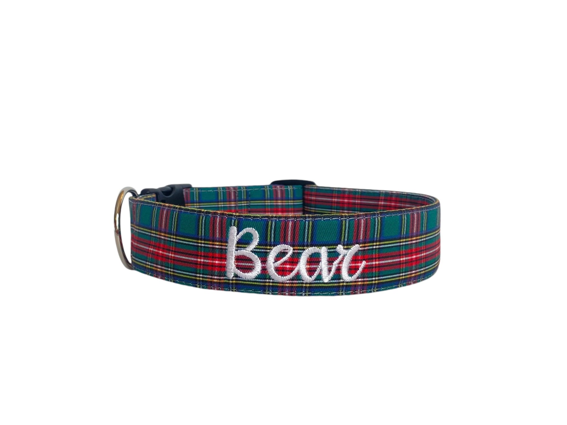Green and red holiday inspired Tartan print dog collar