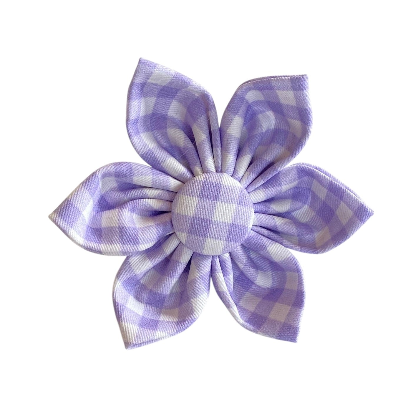 This adorable dog collar flower features a soft lavender gingham pattern, making it a perfect accessory for spring or any special occasion. The flower attaches easily and securely to any collar with a Velcro strap, ensuring a snug and stylish fit. Add a touch of charm and elegance to your pup’s look with this delightful accessory!