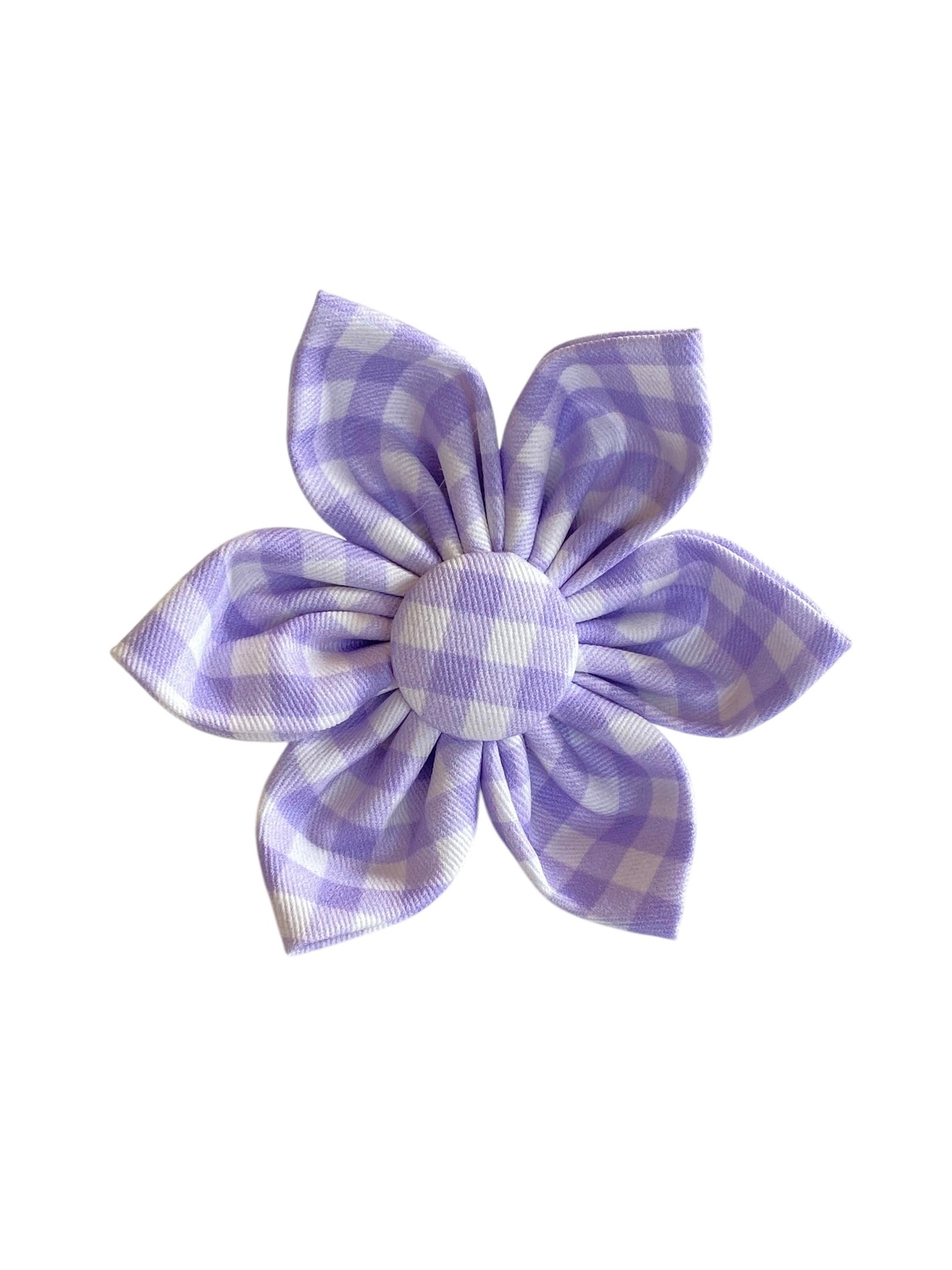 This adorable dog collar flower features a soft lavender gingham pattern, making it a perfect accessory for spring or any special occasion. The flower attaches easily and securely to any collar with a Velcro strap, ensuring a snug and stylish fit. Add a touch of charm and elegance to your pup’s look with this delightful accessory!