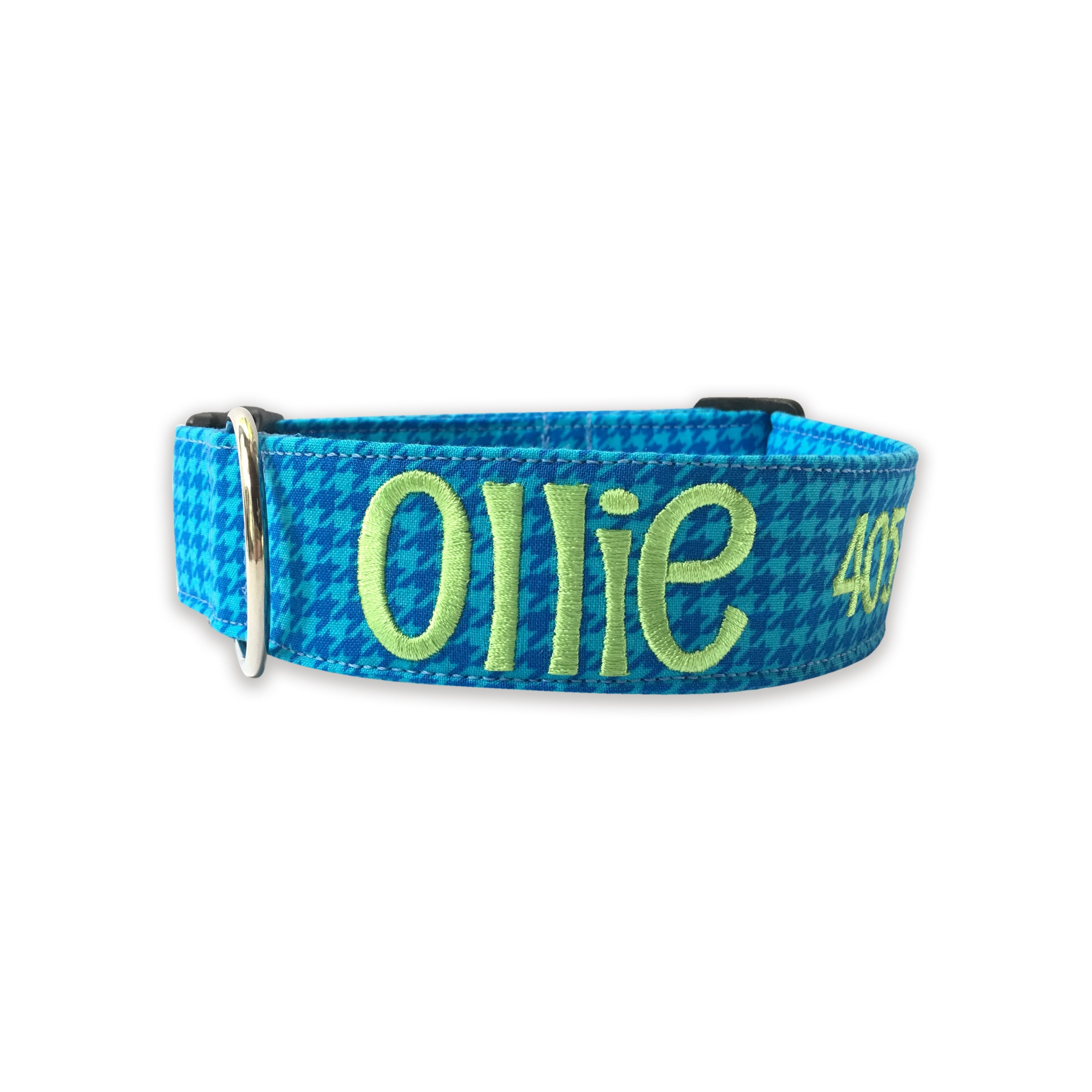 Stay classic and sophisticated with a houndstooth collar! Add a pop of color with lime or yellow, or be dapper with navy thread. Get a polka dot bowtie to coordinate! 