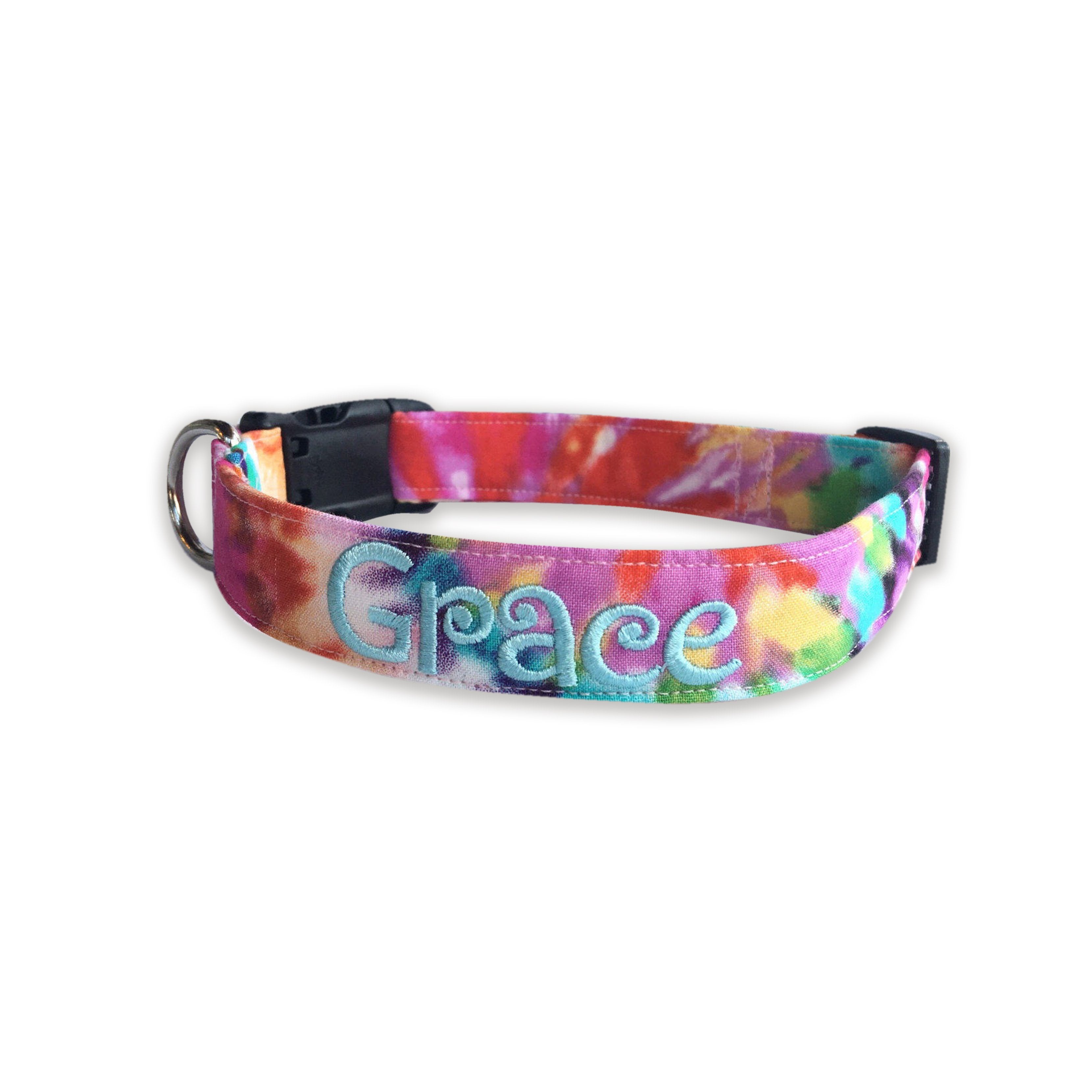Tie Dye Dog Collar. Personalized Tie Dye Dog Collar, Personalized Dog Collar. Custom Dog Collar by Duke & Fox. Custom dog collar with embroidery. Rainbow tie dye collar with aqua embroidery thread.