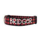Red and Black Buffalo Plaid Dog Collar with embroidery. Embroidered Dog Collar. Personalized Dog Collar by Duke & Fox. Buffalo Plaid custom dog collar with name and phone number.