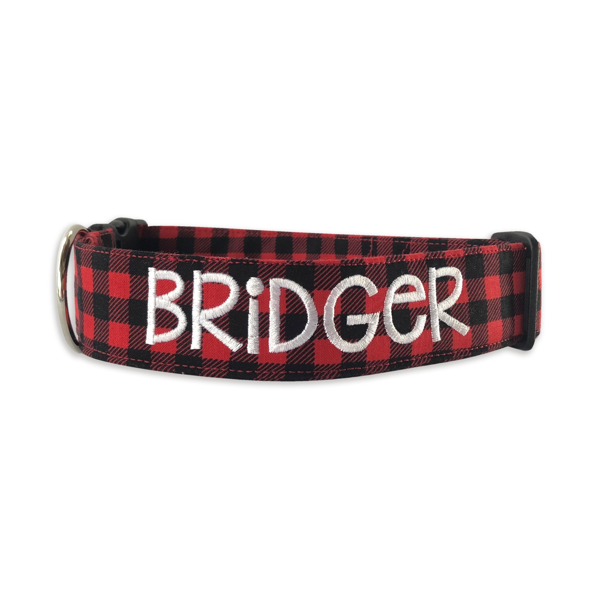 Red and Black Buffalo Plaid Dog Collar with embroidery. Embroidered Dog Collar. Personalized Dog Collar by Duke & Fox. Buffalo Plaid custom dog collar with name and phone number.