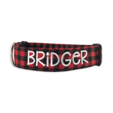 Red and Black Buffalo Plaid Dog Collar with embroidery. Embroidered Dog Collar. Personalized Dog Collar by Duke & Fox. Buffalo Plaid custom dog collar with name and phone number. 