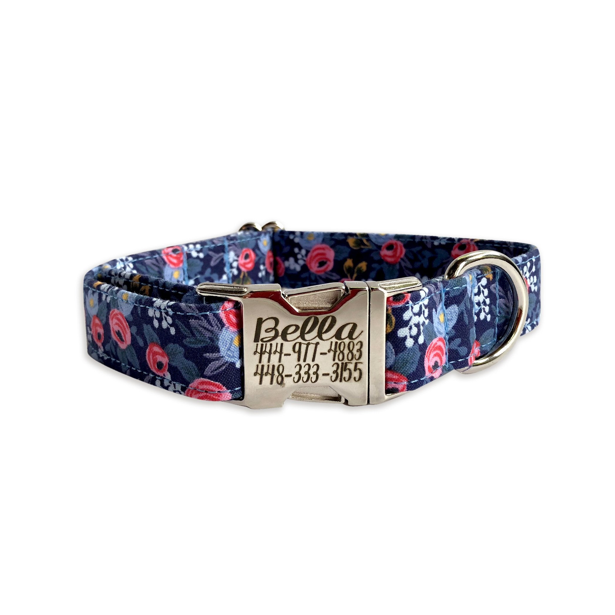 This blue and pink floral collar is a vibrant accessory to any pups wardrobe. A stunning choice for those warm evening walks.