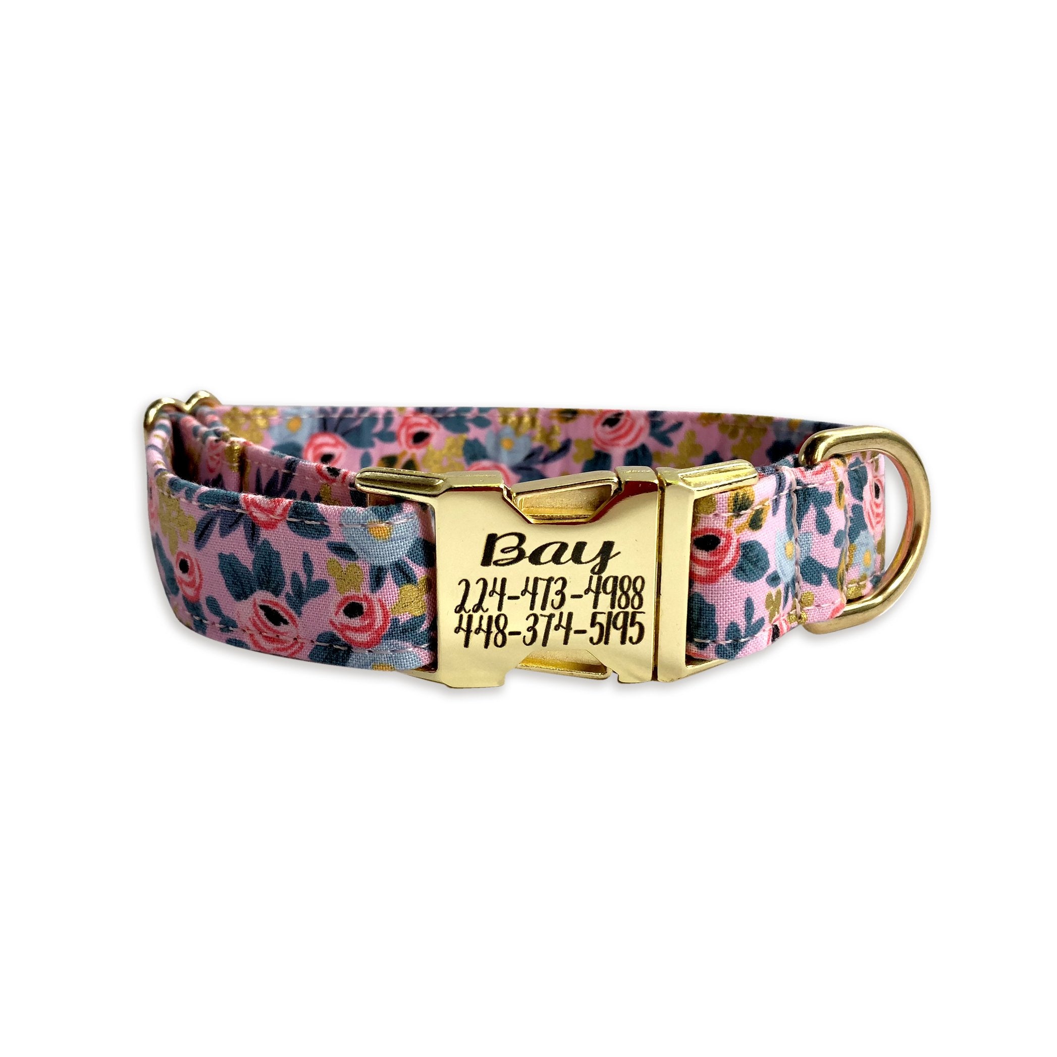 Les Fleurs pink and gold metallic flower dog collar adds an element of bling and class that lets your dog shine!