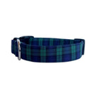Dog dads will love to pull out their favorite plaid shirt and go "matchy-matchy" with their favorite pup! Our navy blue and green plaid personalized collar pops with casual style.