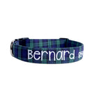 Green and navy blue plaid dog collar. Personalized Dog Collar embroidered with white thread. Tartan plaid with embroidery.
