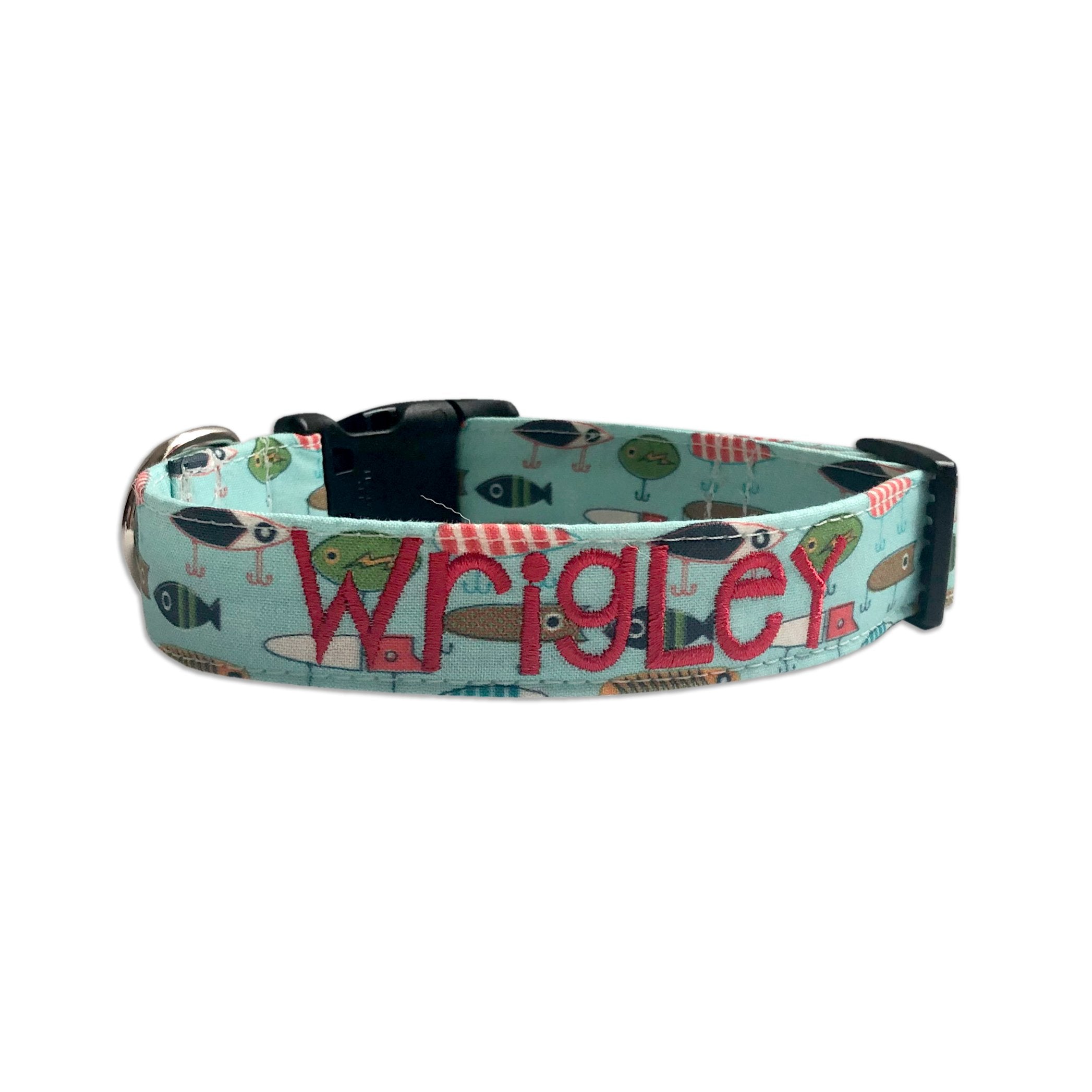 Fishing Lures Dog Collar. Embroidered Dog Collar. Personalized Dog Collar. Custom Dog Collar. Aqua blue dog collar with fishing lures and an embroidered name. Custom fishing dog collar. Dog collar for water dogs.