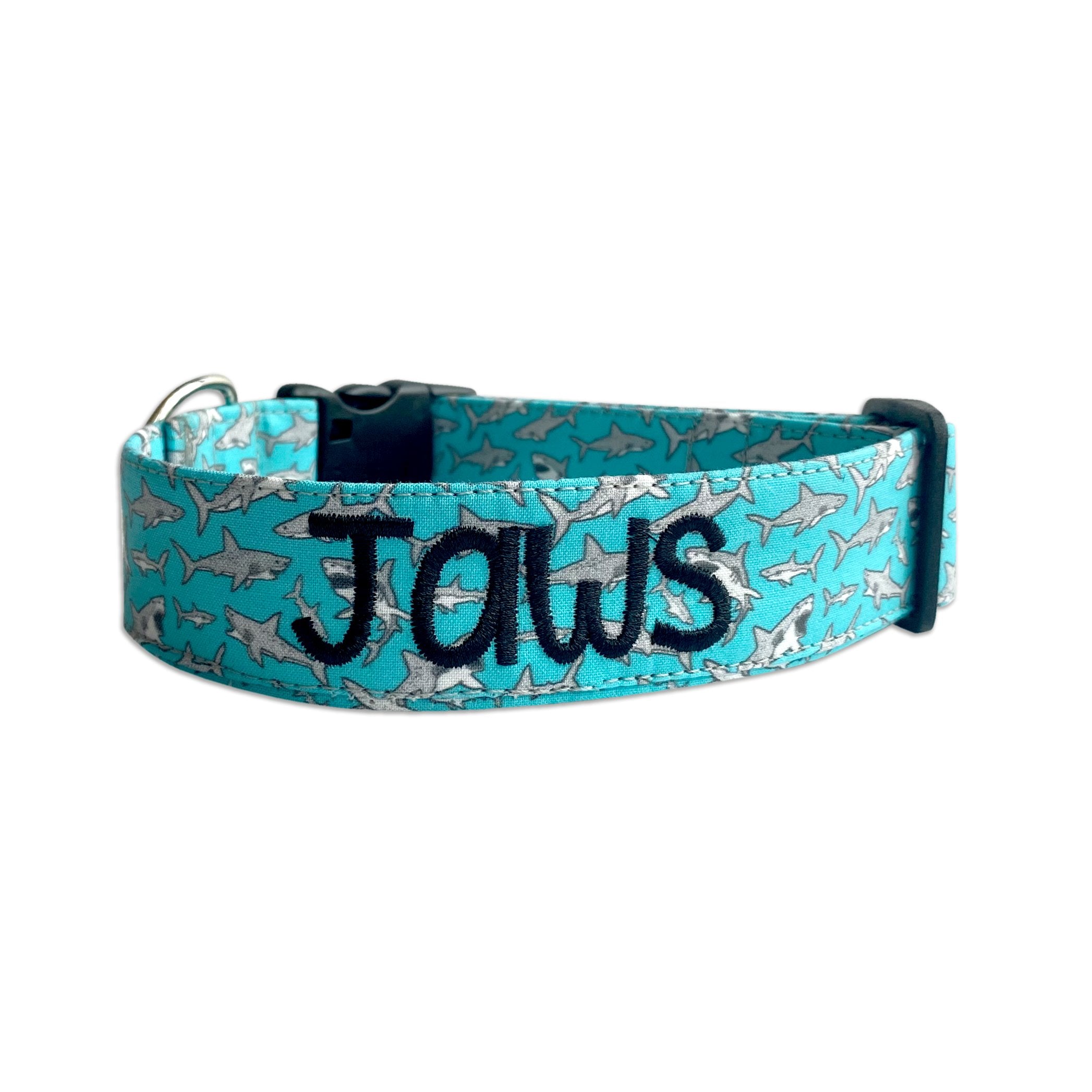 Personalized Dog Collar by Duke & Fox. Shark Collar with embroidered name. Aqua colored dog collar with gray sharks and embroidered name.