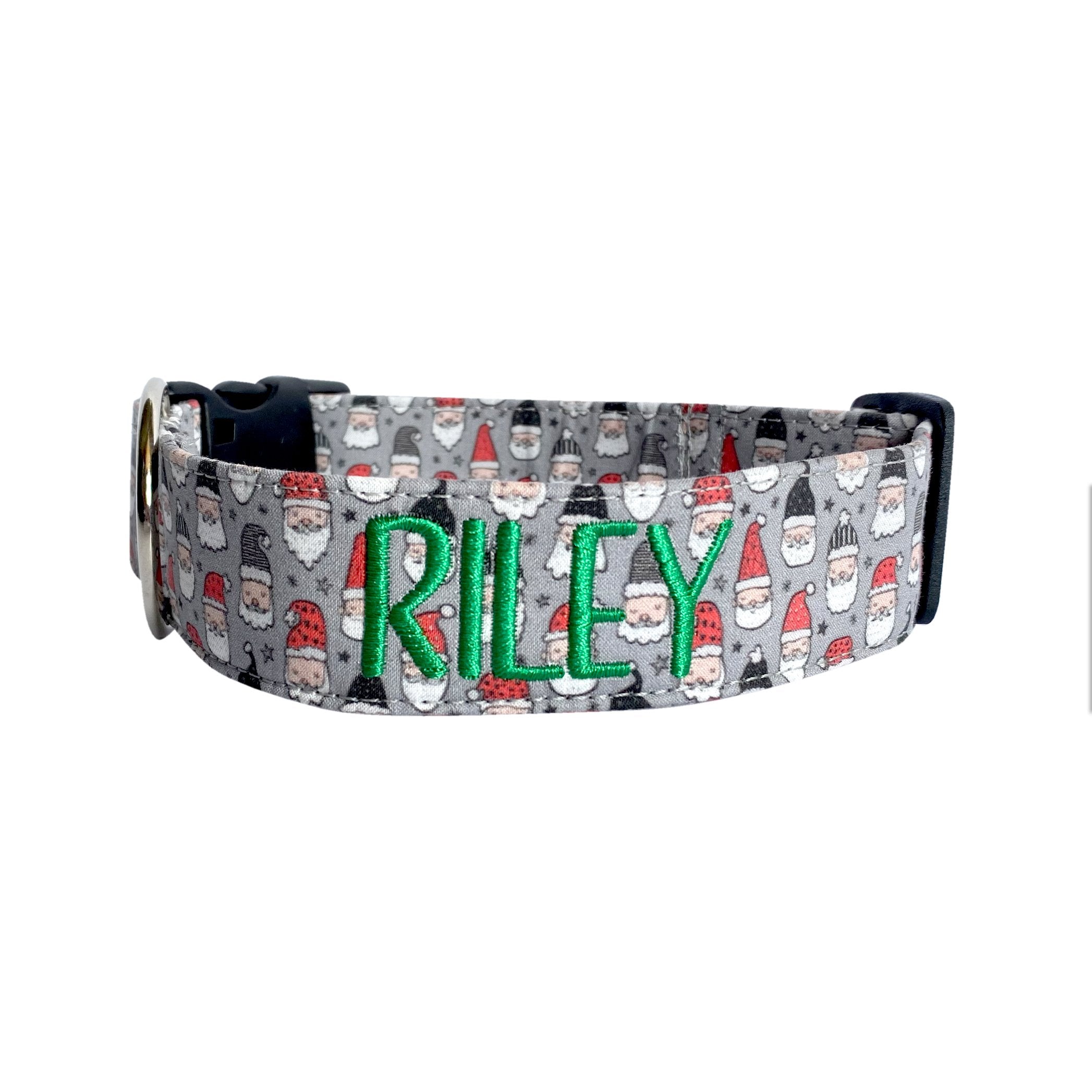 Santa Dog Collar. Christmas Dog Collar. Embroidred Dog Collar with Santa pattern and the name Riley in green thread. Personalized Dog Collar by Duke and Fox. Custom Dog Collar with Christmas pattern.