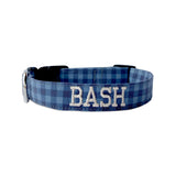 Blue Buffalo Dog Collar. Personalized Dog Collar by Duke & fox. Custom Dog Collar. Embroidered Dog collar. Blue Buffalo pattern dog collar with cream embroidery. 
