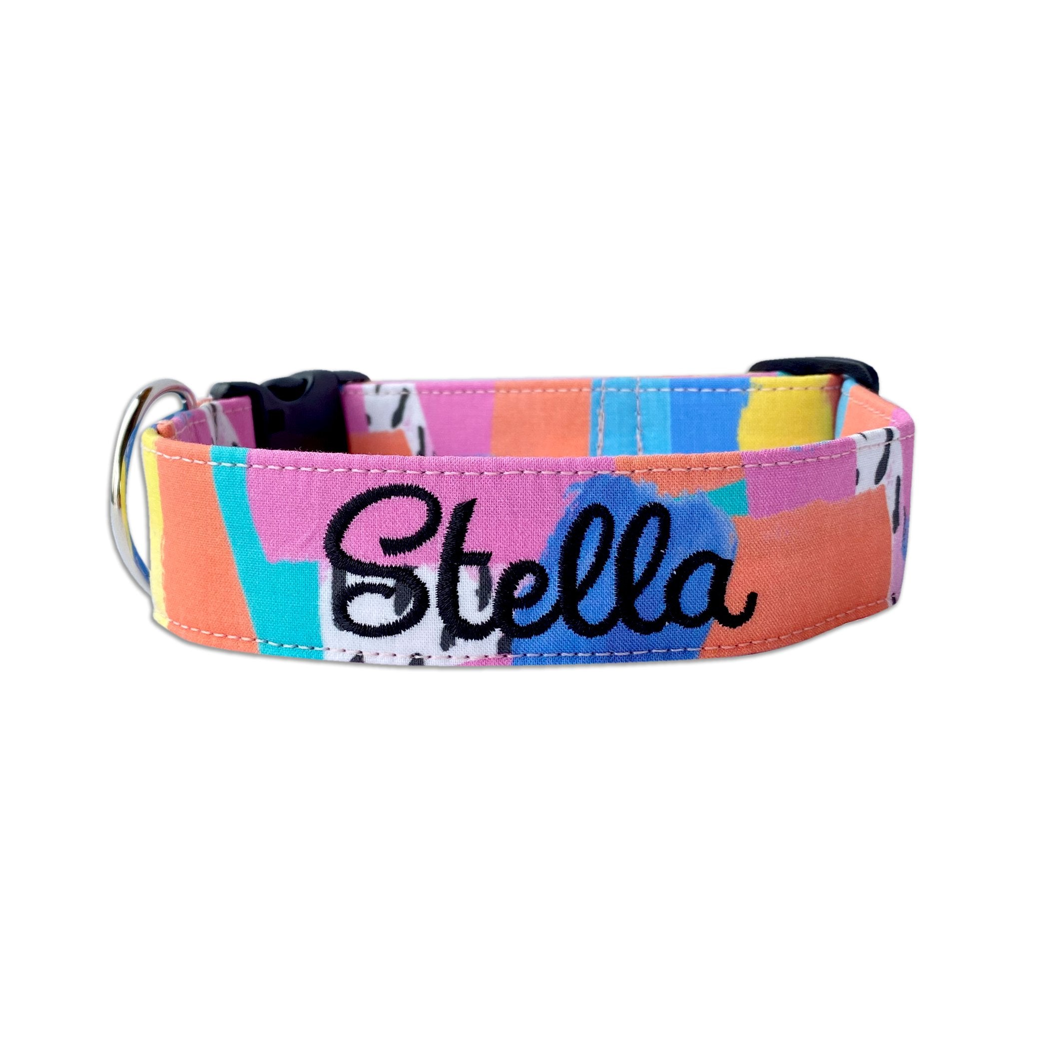 Duke & Fox Personalized Dog Collar, Embroidered Abstract Dog Collar. Pink Embroidered Dog Collar with the option of an engraved buckle.  Custom Dog Collar with embroidery. Show your true colors, be bright, be fun, and demand attention in a one of kind collar.