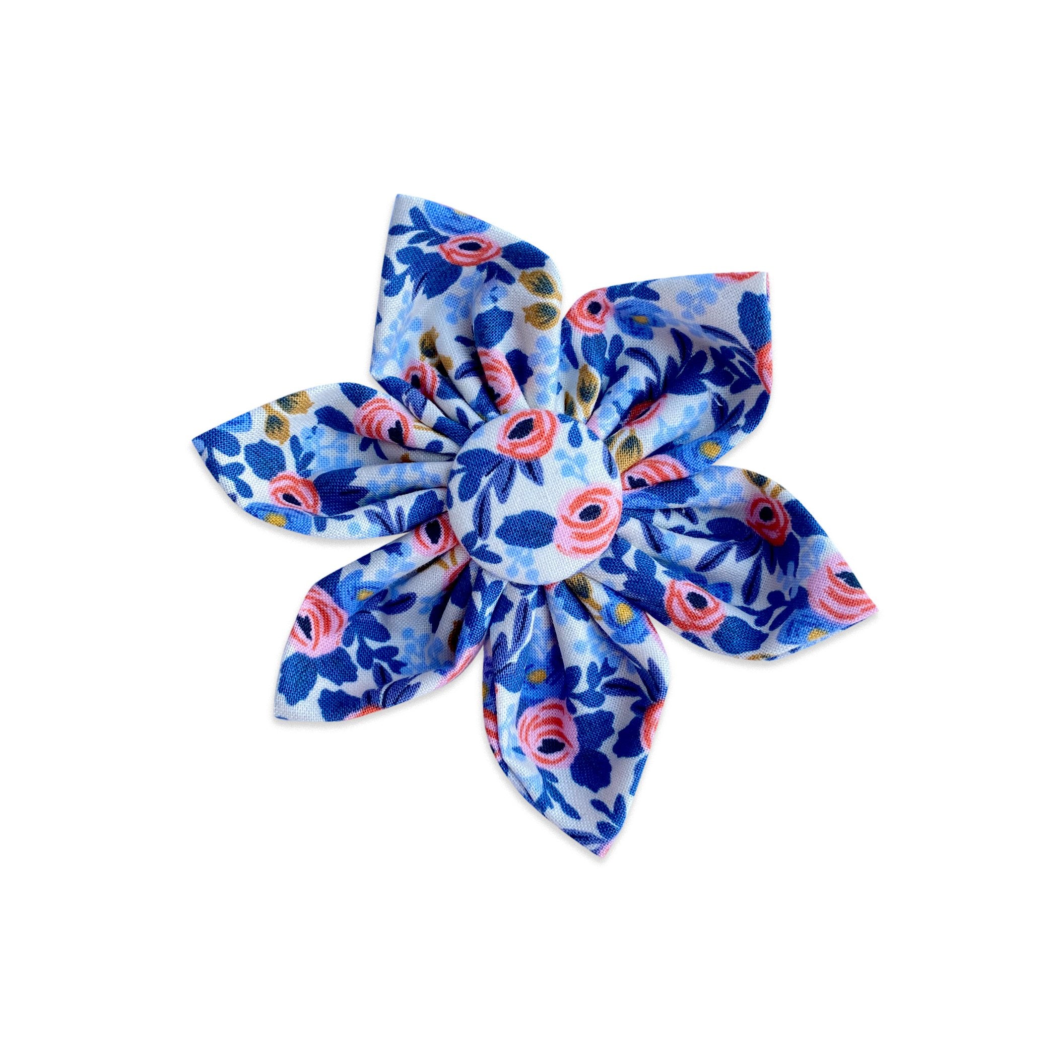 Dog Collar Flower. Dog Collar Accessory. White dog collar flower with blue and pink floral print.