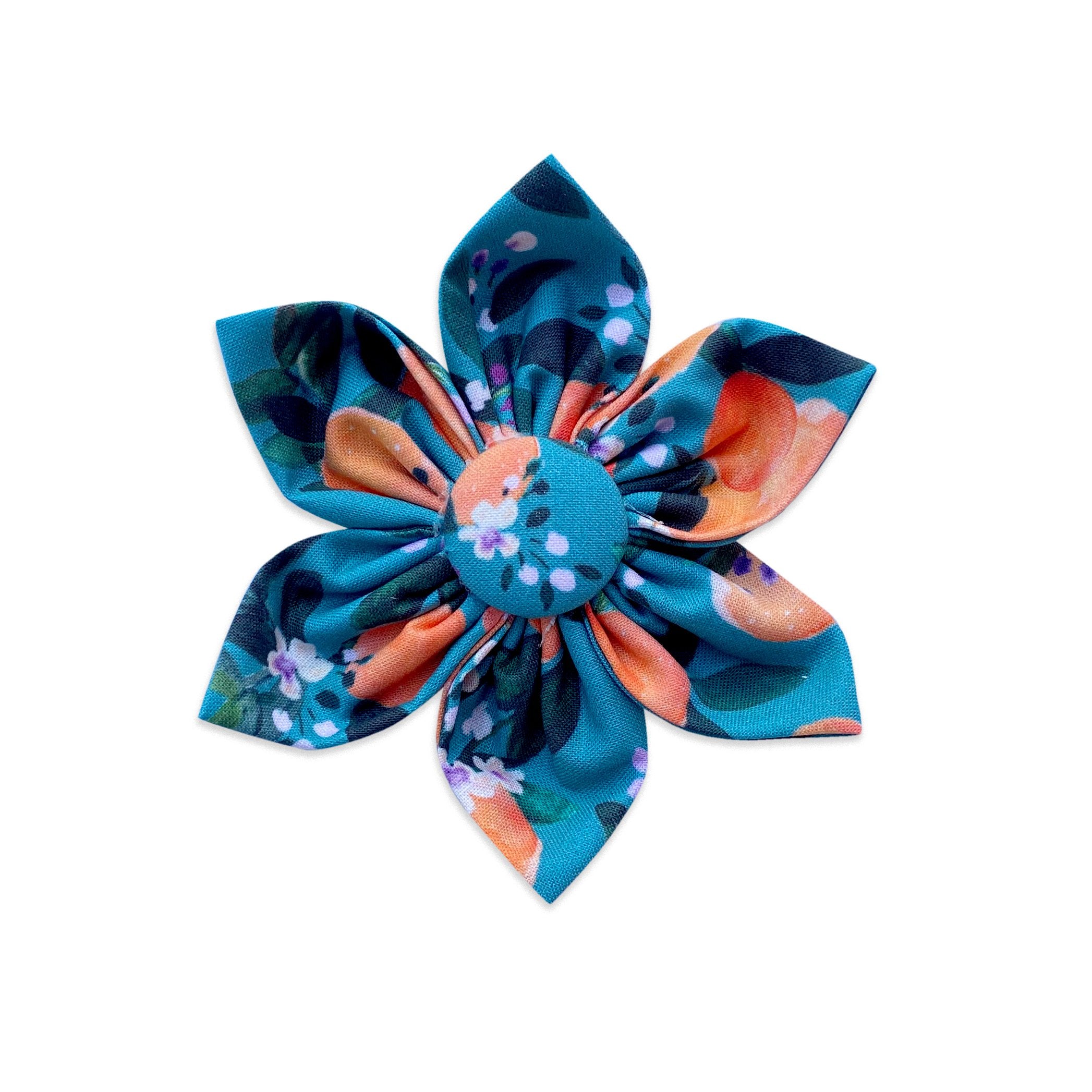 A vibrant blue pet collar flower accessory with watercolor clemintines. Perfect for summer.