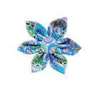 Dog Collar Flower. Dog Collar Accessory by Duke & Fox eith blue and orange paisley print to make a bold statemnent piece.