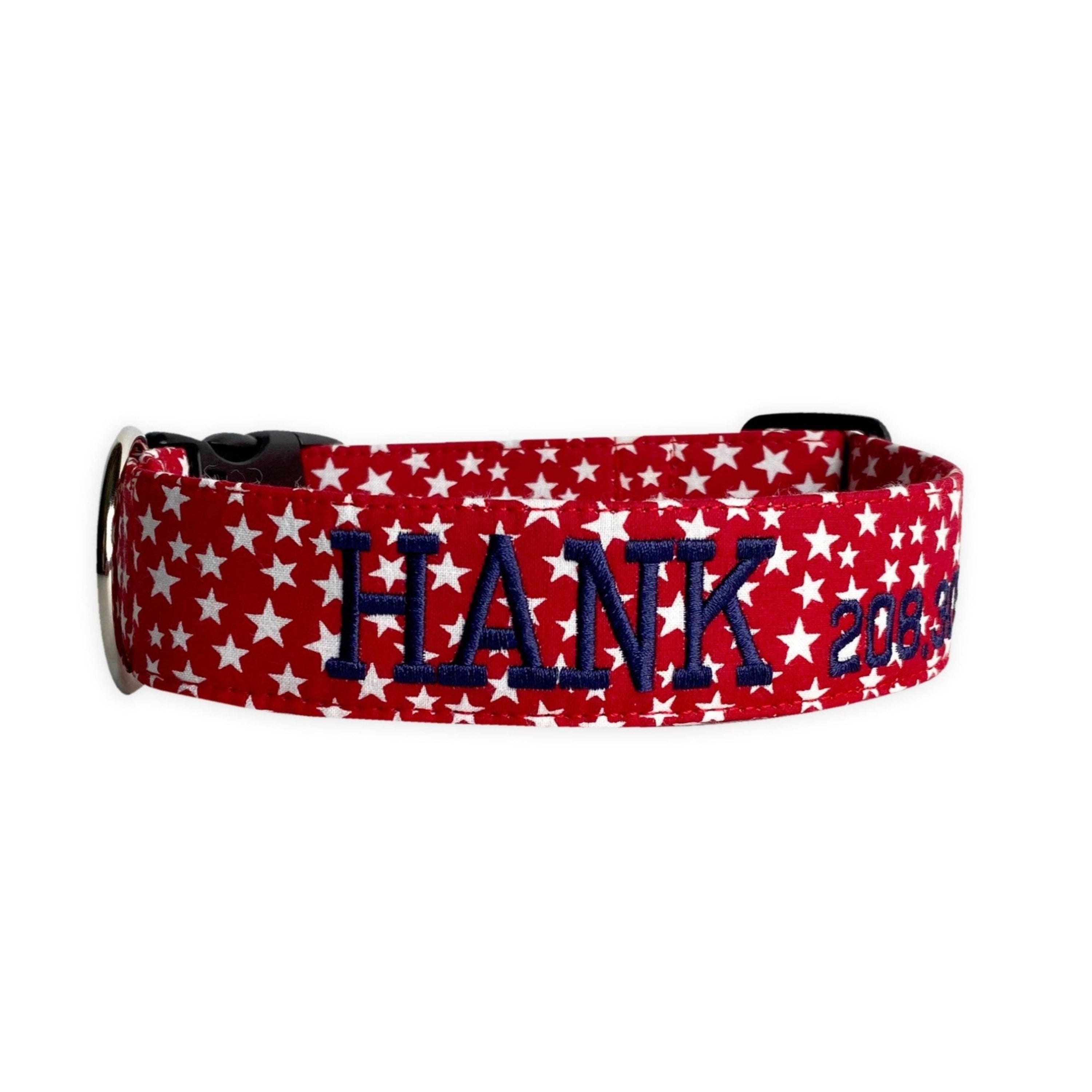 4th of July Dog Collar. Personalized Dog Collar. Red dog collar with white stars and navy embroidered name. Personalized Star Dog Collar. Picture it: burgers, hotdogs, sparklers, pool parties (no fireworks cause, well, most dogs don't like those)….and your personalized collar that screams 4th of July, America, 'Merica, and independence. No fireworks needed when your pup is the life of the party.