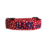 4th of July Dog Collar. Personalized Dog Collar. Red dog collar with white stars and navy embroidered name. Personalized Star Dog Collar. 