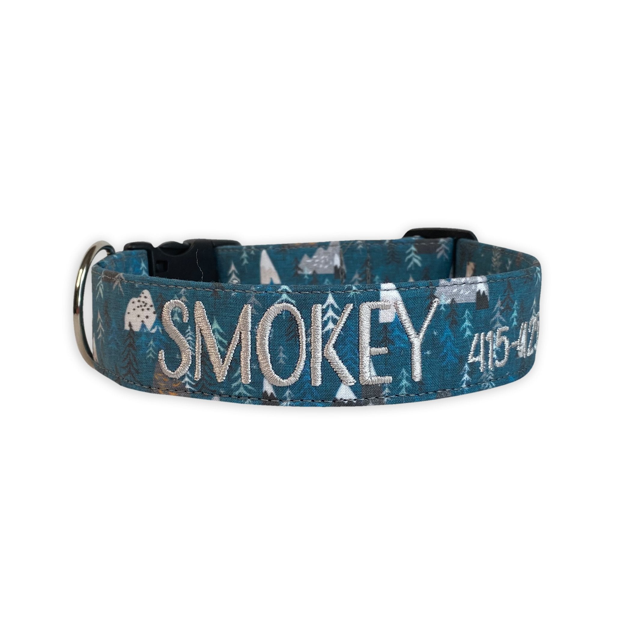 Personalized Dog Collar, Embroidered Mountain Dog Collar by Duke & Fox, Custom Dog Collar. Dark turquioise mountain dog collar with name and phone embroidered in silver thread.