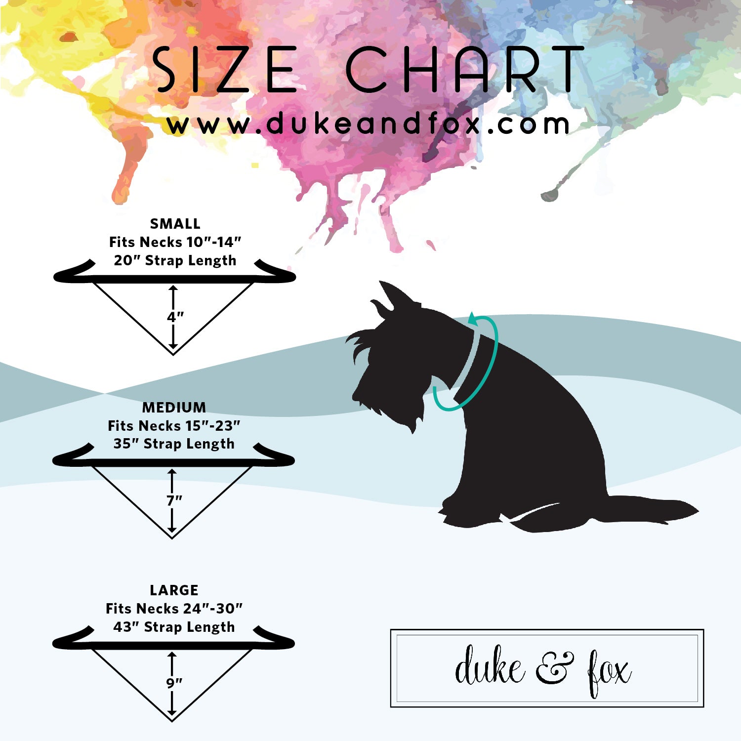 Ensure a perfect fit every time. Size chart for dog bandana.