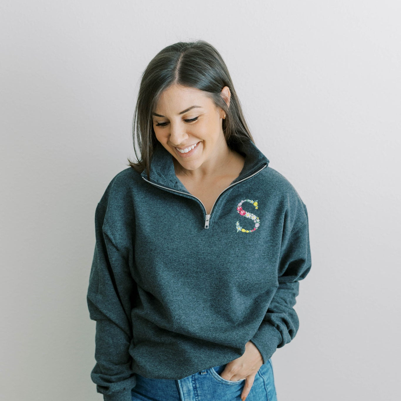 Floral monogram embroidered 1/4 zip sweatshirt. Boy Mom Sweatshirt, Gifts for Her, Monogram shirt, Mama Sweatshirt, Mother's Day Gift, Mom of Boys Shirt, Mama Shirt, GIGI SHirt, Grandma Sweatshirt, Granny Shirt, Custom Sweatshirt, Girl Mama Shirt, Girl Mom Shirt, monogram sweatshirt