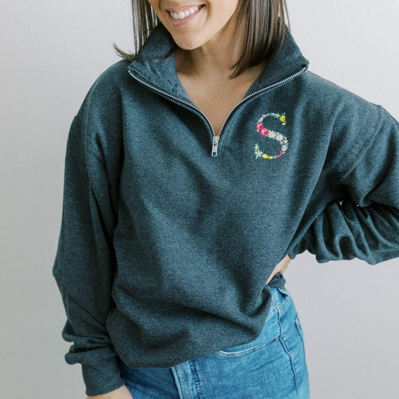 Floral monogram embroidered 1/4 zip sweatshirt. Boy Mom Sweatshirt, Gifts for Her, Monogram shirt, Mama Sweatshirt, Mother's Day Gift, Mom of Boys Shirt, Mama Shirt, GIGI SHirt, Grandma Sweatshirt, Granny Shirt, Custom Sweatshirt, Girl Mama Shirt, Girl Mom Shirt, monogram sweatshirt