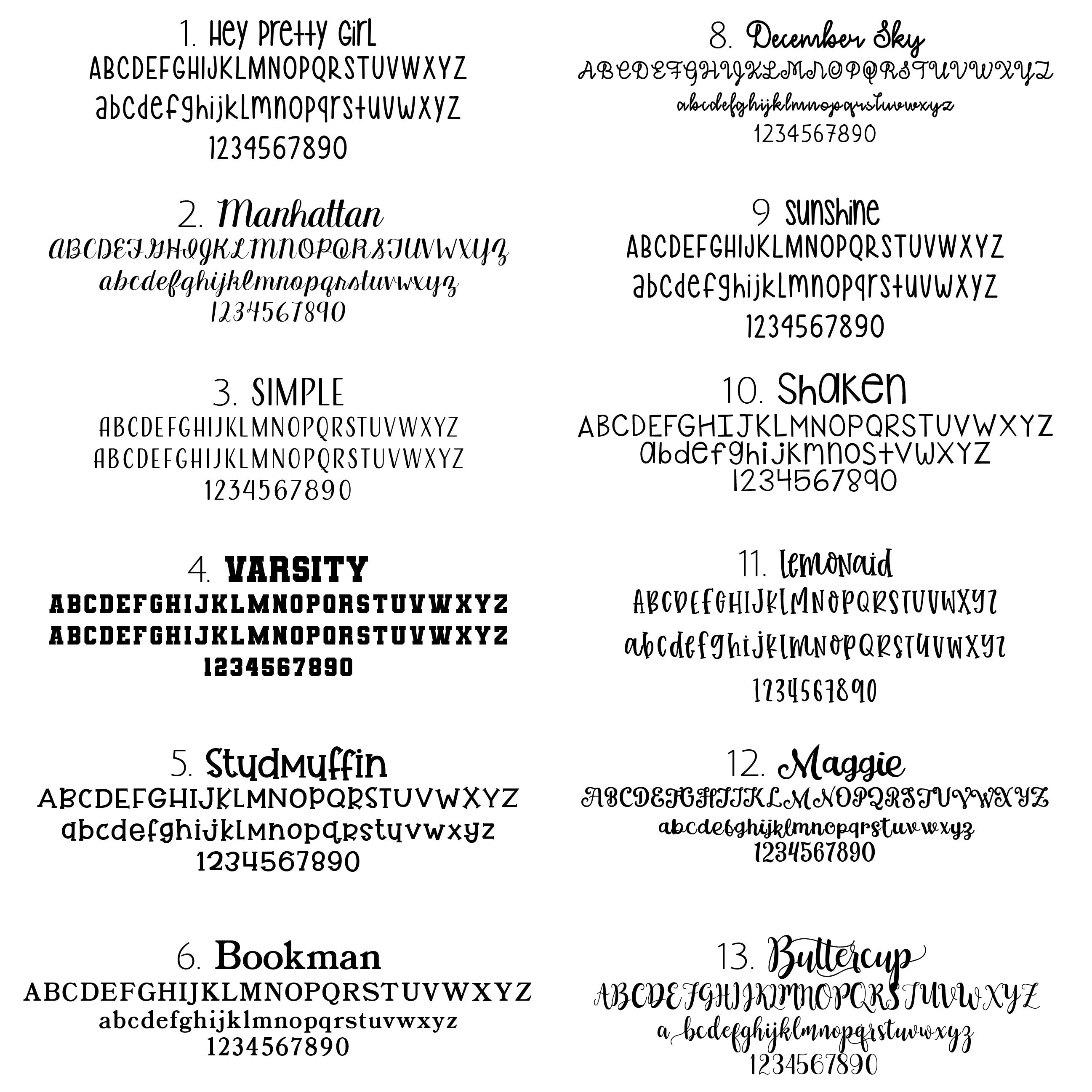 Engraving font chart for personalized dog tags,