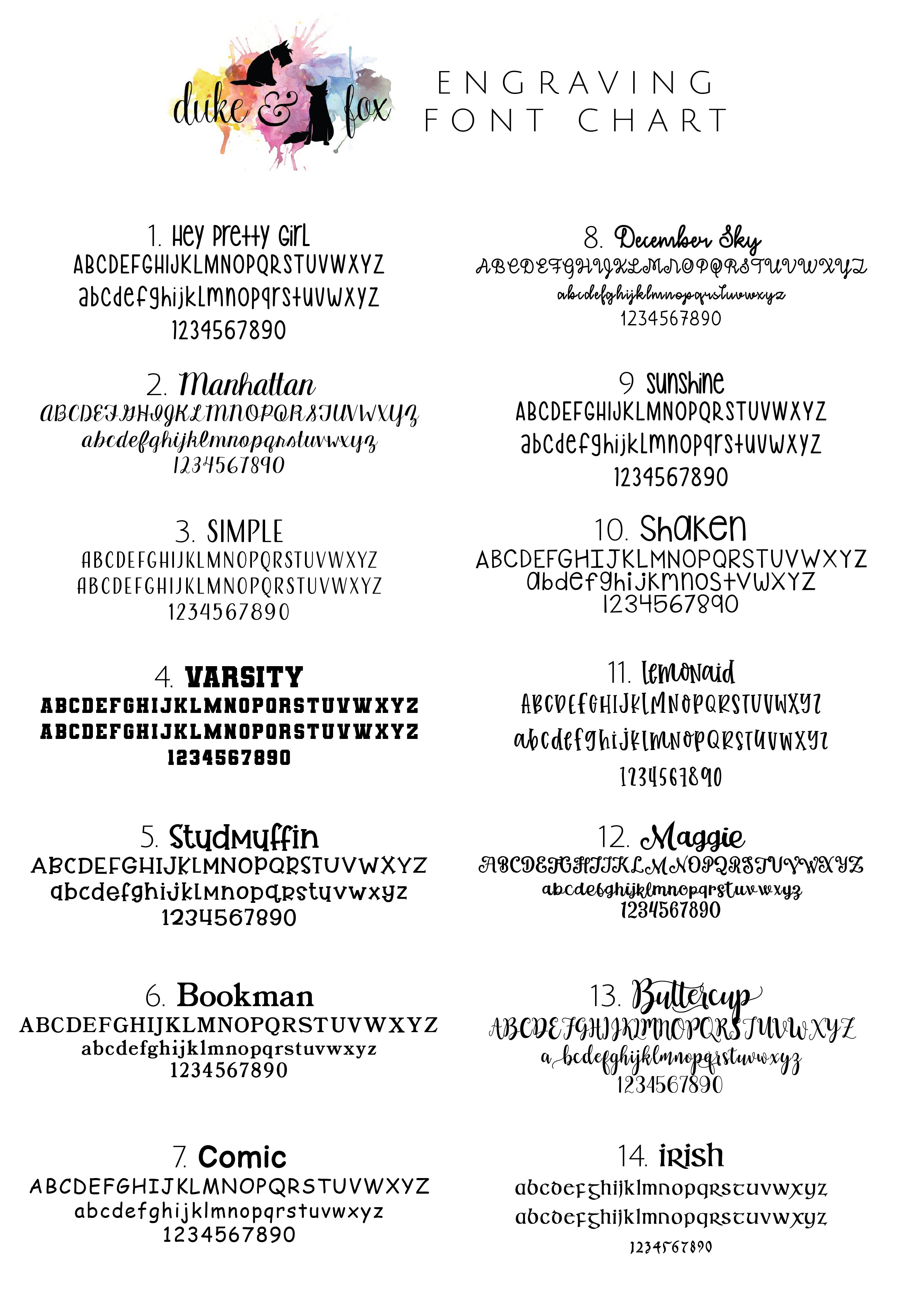 Engraving font chart for personalized dog tags,