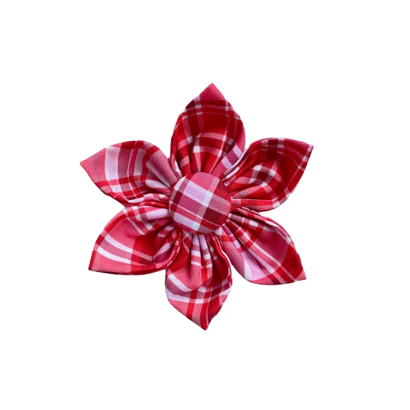 Dog Collar Flower for Valentines Day. Dog Collar Accessory by Duke & Fox. with a pink and red plaid design perfect for Valentine's Day