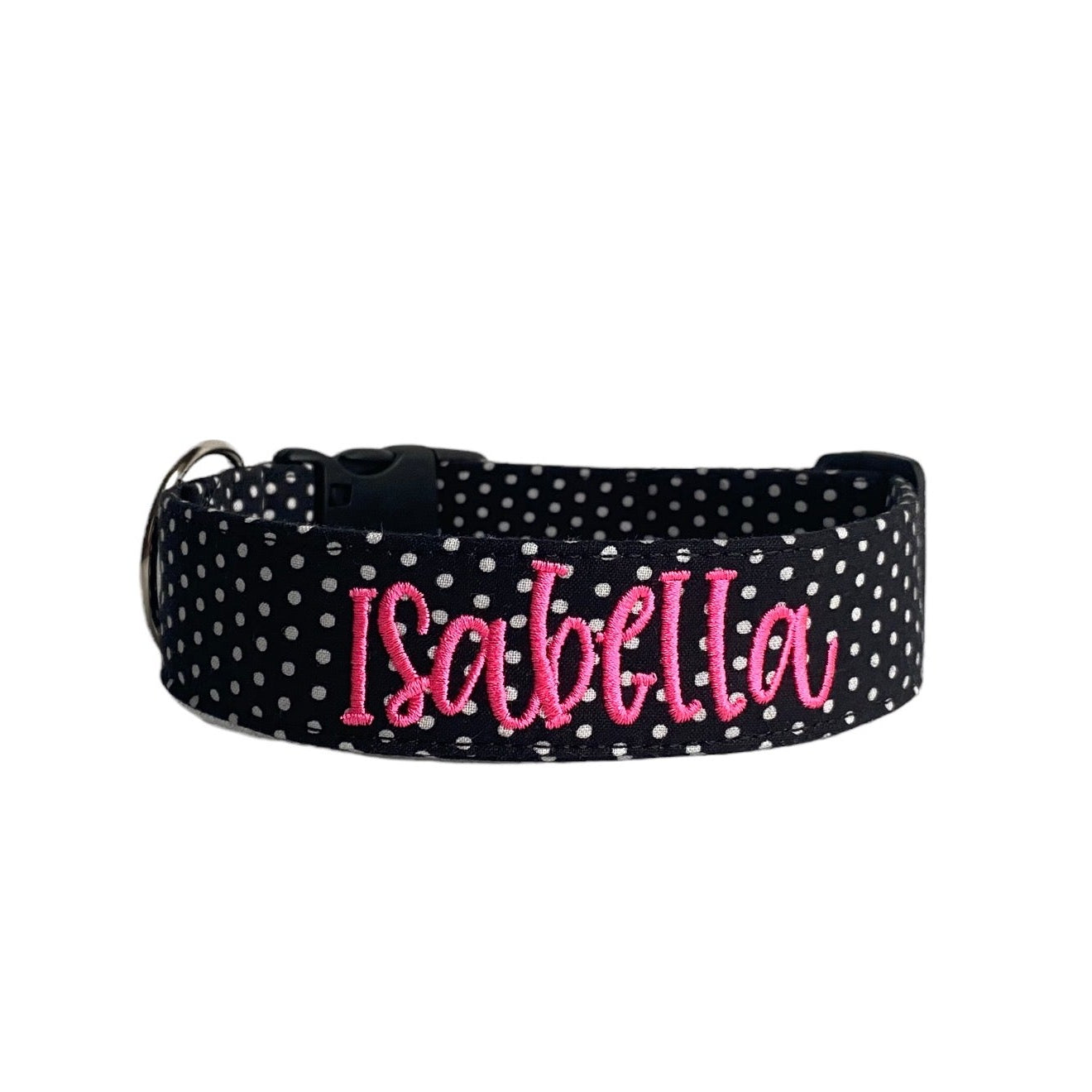 Personalized Embroidered Dog Collar by Duke & Fox. Black and white polka dot dog collar with embroidered name with neon pink thread.