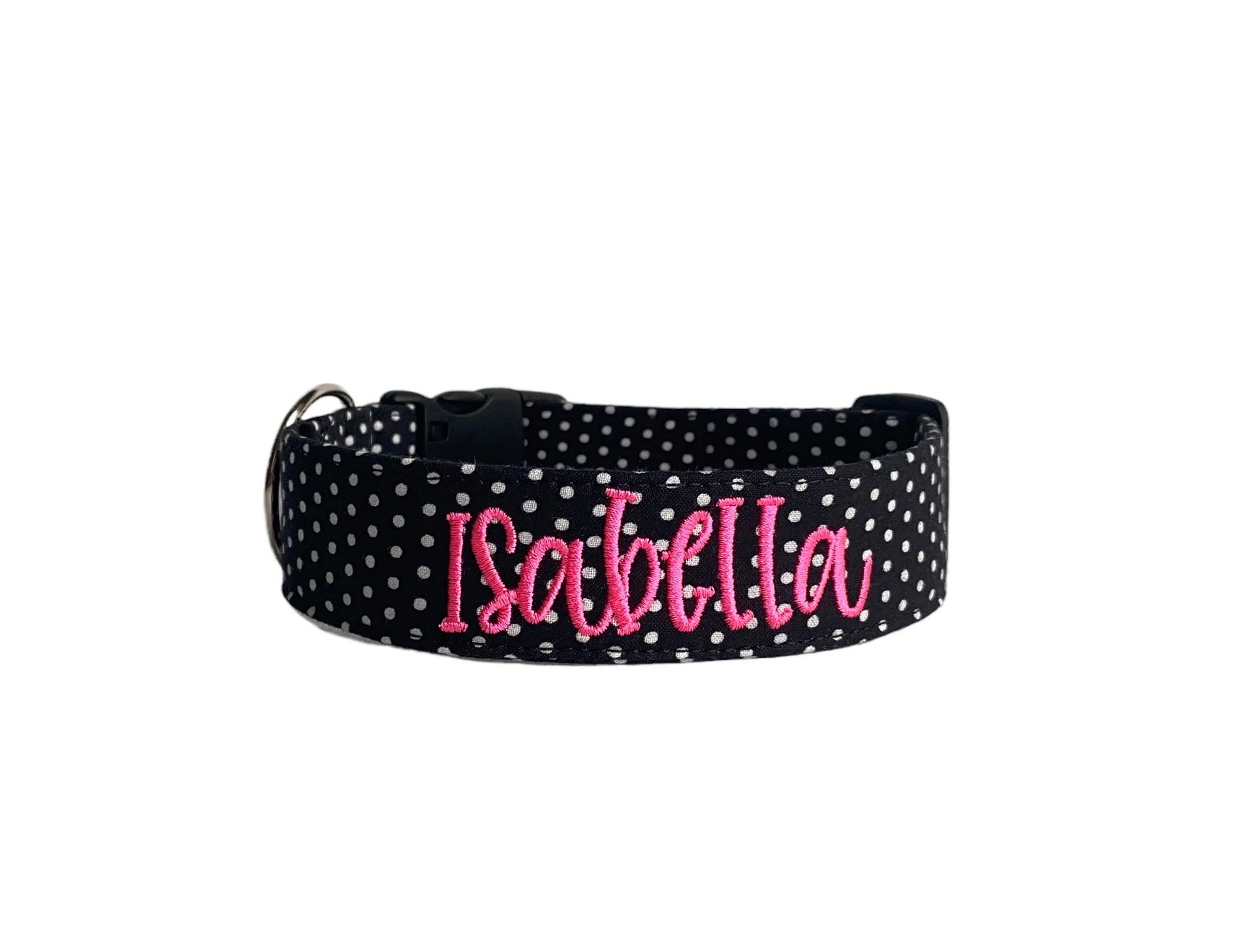 Personalized Embroidered Dog Collar by Duke & Fox. Black and white polka dot dog collar with embroidered name with neon pink thread.