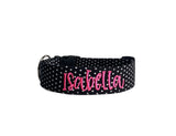 Personalized Embroidered Dog Collar by Duke & Fox. Black and white polka dot dog collar with embroidered name with neon pink thread.