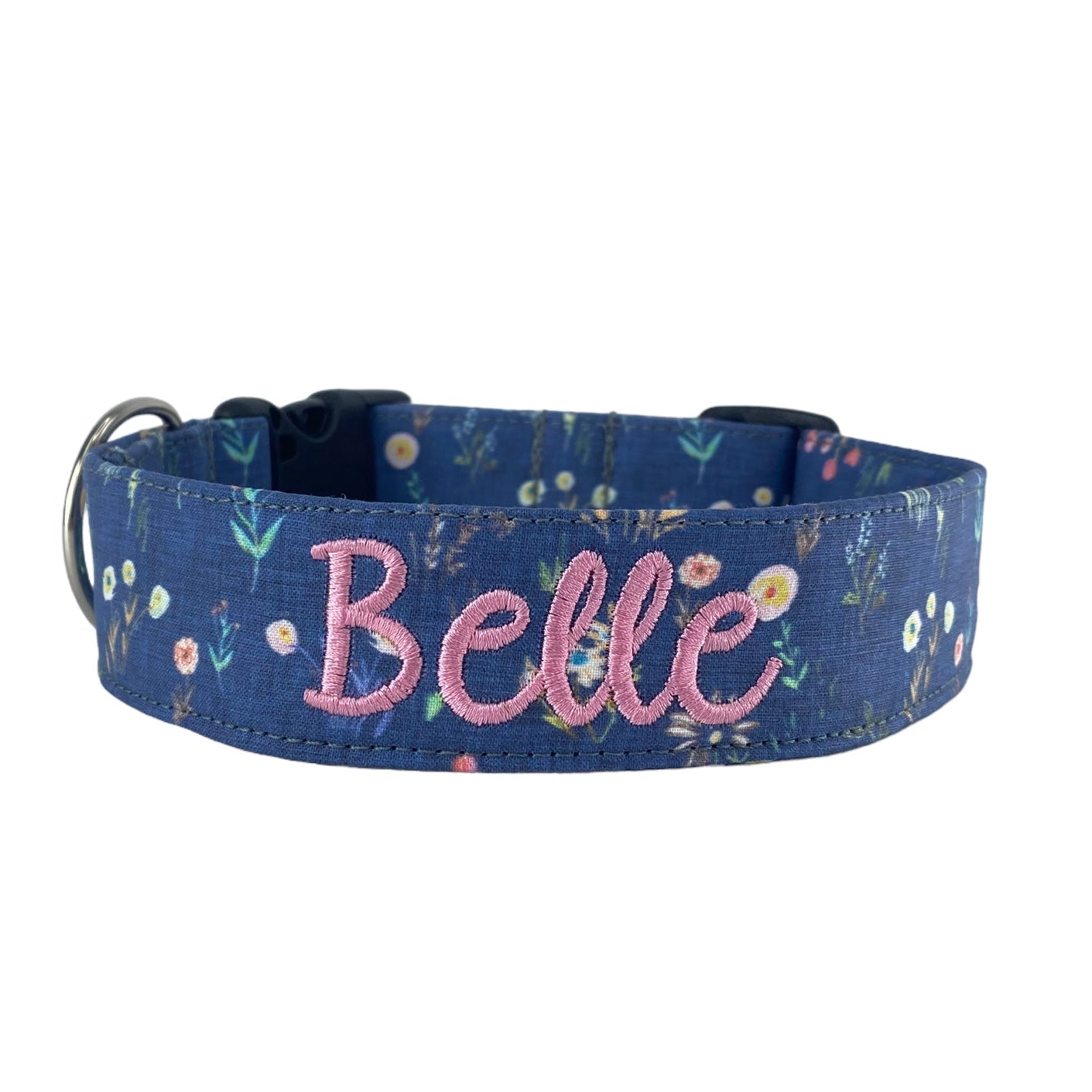 Blue Dog Collar with Spring flowers with a pink embroidered name. Personalized Dog Collar by Duke & Fox. Engraved buckle dog collar. Custom Dog collar. Blue Floral Dog Collar. Embroidred dog collar by Duke & Fox