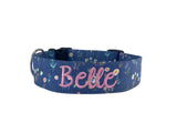 Blue Dog Collar with Spring flowers with a pink embroidered name. Personalized Dog Collar by Duke & Fox. Engraved buckle dog collar. Custom Dog collar. Blue Floral Dog Collar. Embroidred dog collar by Duke & Fox