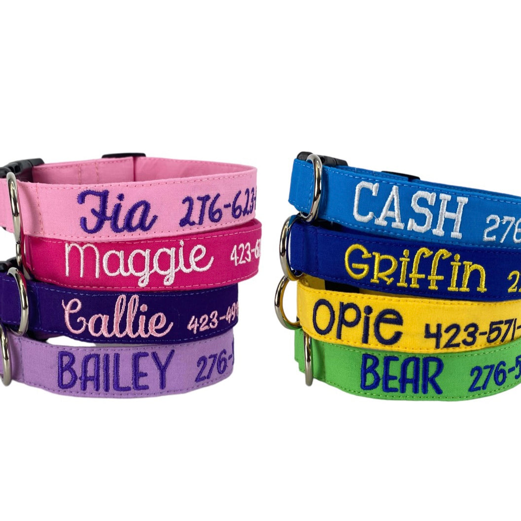 Whether choosing from a traditional dog collar, embroidered dog collar, or engraved buckle dog collar, you’ll find a great selection of personalized dog collars to choose from. Duke & Fox® personalized dog collars come in a variety of unique styles and patterns. Our embroidered collars and engraved buckle collars also add to your dog's safety and your peace of mind with critical contact information should you and your dog get separated. Solid colored embroidered dog collars.