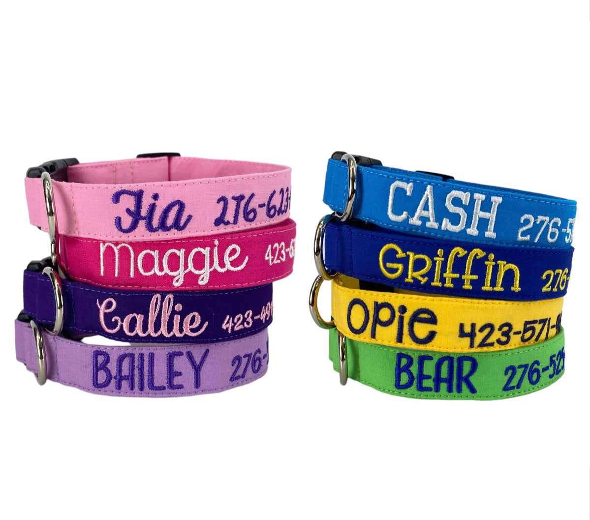 Whether choosing from a traditional dog collar, embroidered dog collar, or engraved buckle dog collar, you’ll find a great selection of personalized dog collars to choose from.  Duke & Fox® personalized dog collars come in a variety of unique styles and patterns. Our embroidered collars and engraved buckle collars also add to your dog's safety and your peace of mind with critical contact information should you and your dog get separated.  Solid colored embroidered dog collars.