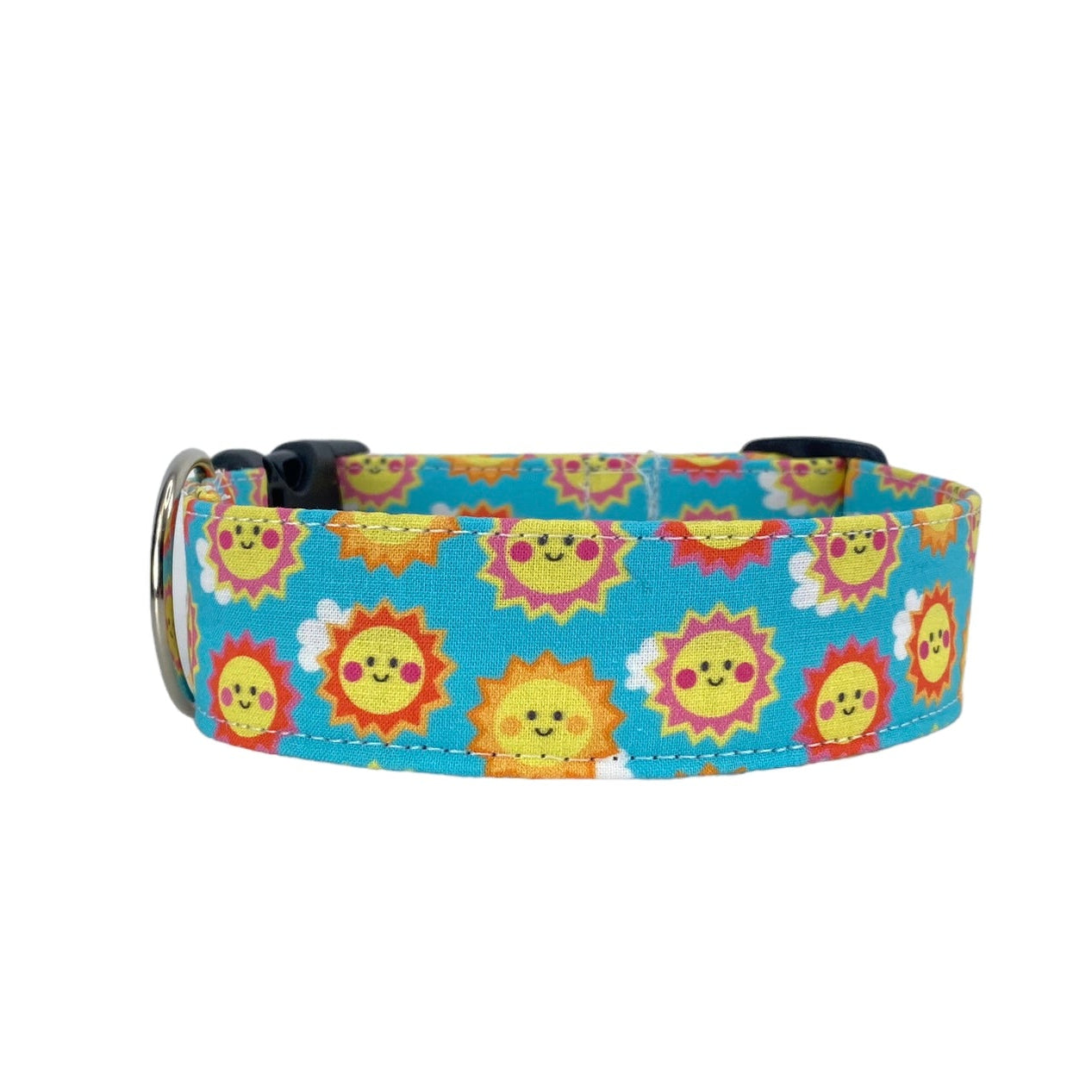 Whether choosing from a traditional dog collar, embroidered dog collar, or engraved buckle dog collar, you’ll find a great selection of personalized dog collars to choose from. Duke & Fox® personalized dog collars come in a variety of unique styles and patterns. Our embroidered collars and engraved buckle collars also add to your dog's safety and your peace of mind with critical contact information should you and your dog get separated. Smiling sun dog collar.