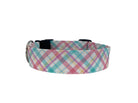 Whether choosing from a traditional dog collar, embroidered dog collar, or engraved buckle dog collar, you’ll find a great selection of personalized dog collars to choose from.  Duke & Fox® personalized dog collars come in a variety of unique styles and patterns. Our embroidered collars and engraved buckle collars also add to your dog's safety and your peace of mind with critical contact information should you and your dog get separated.  Spring pastel plaid dog collar.