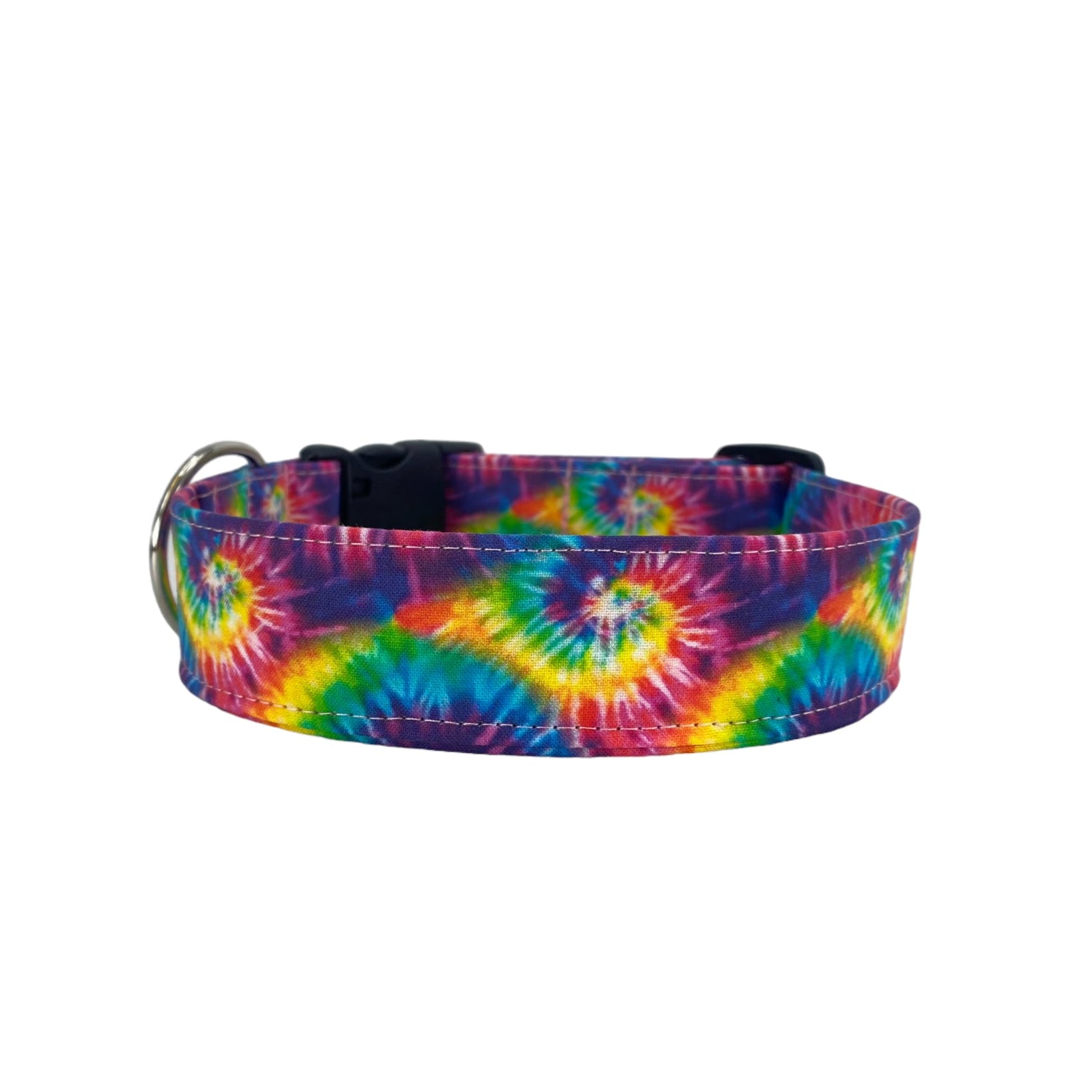 Whether choosing from a traditional dog collar, embroidered dog collar, or engraved buckle dog collar, you’ll find a great selection of personalized dog collars to choose from. Duke & Fox® personalized dog collars come in a variety of unique styles and patterns. Our embroidered collars and engraved buckle collars also add to your dog's safety and your peace of mind with critical contact information should you and your dog get separated. Rainbow tie dye dog collar.