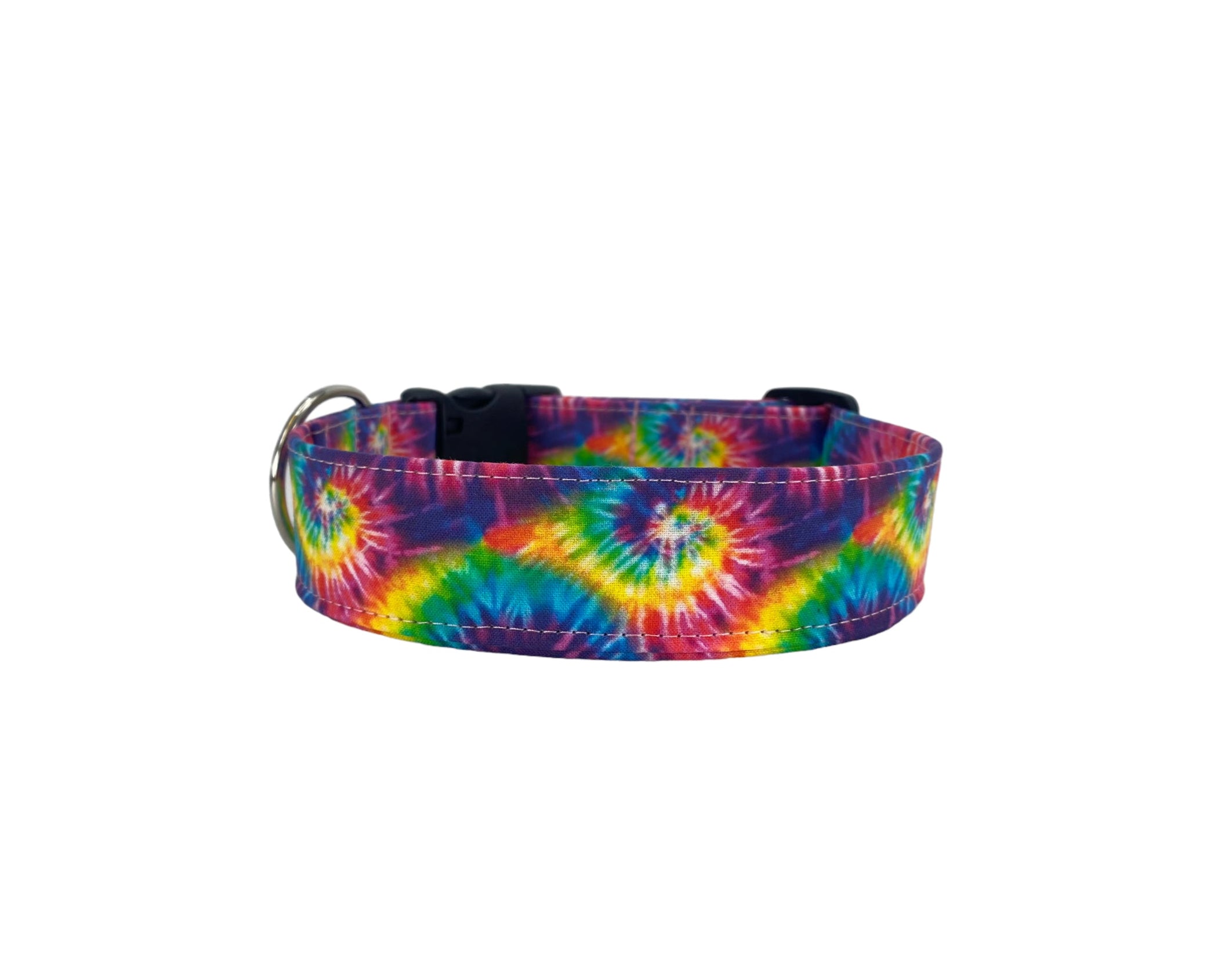 Whether choosing from a traditional dog collar, embroidered dog collar, or engraved buckle dog collar, you’ll find a great selection of personalized dog collars to choose from.  Duke & Fox® personalized dog collars come in a variety of unique styles and patterns. Our embroidered collars and engraved buckle collars also add to your dog's safety and your peace of mind with critical contact information should you and your dog get separated.  Rainbow tie dye dog collar.